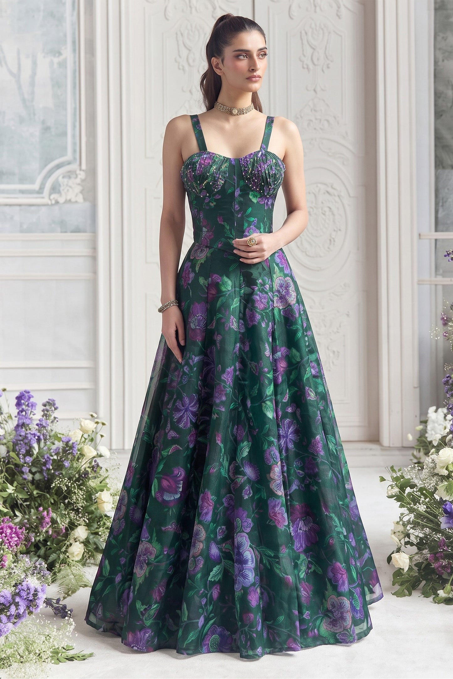 Green Readymade Printed Organza Skirt Set-SAR13114_1_SareeButa.com