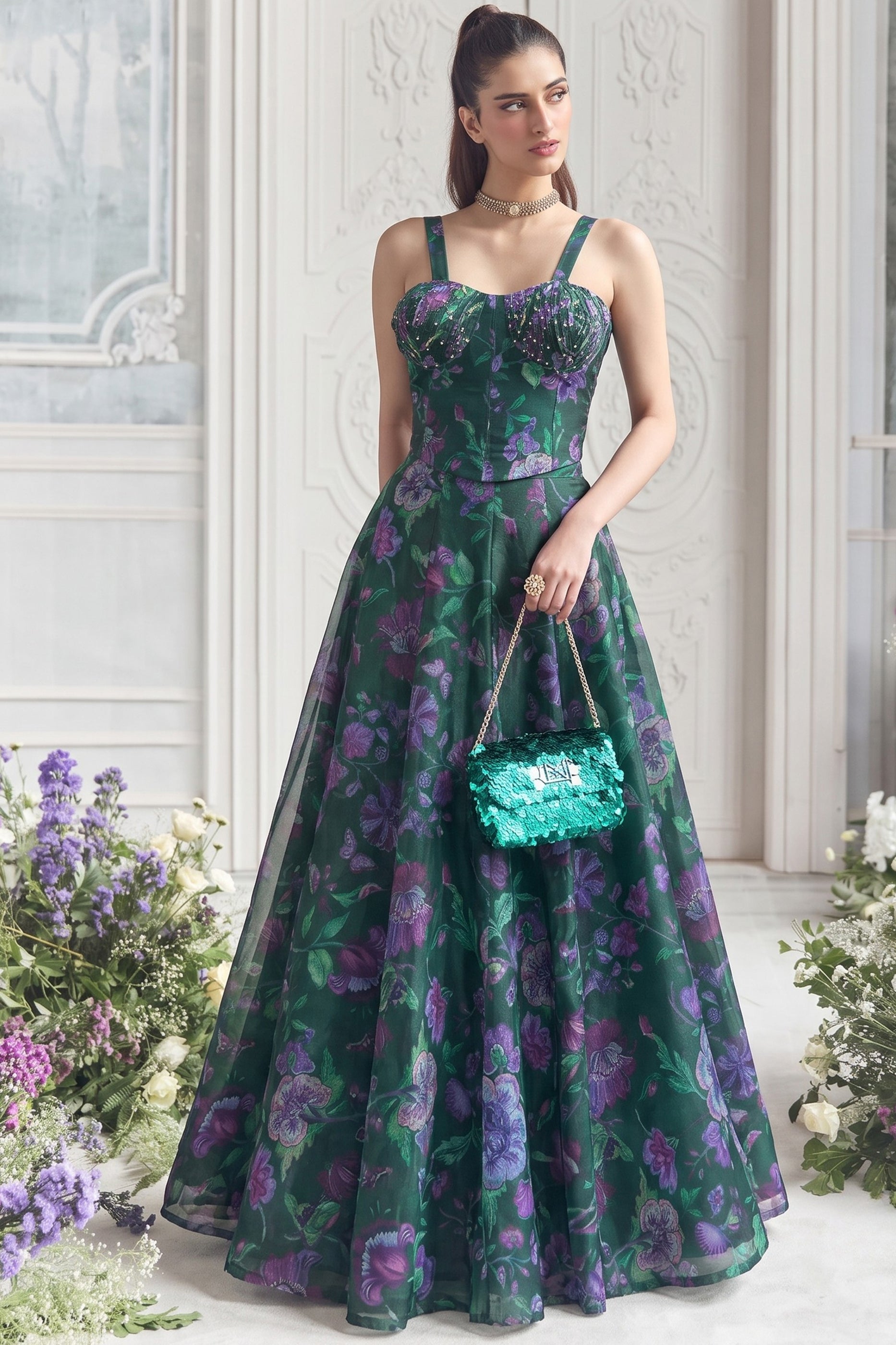 Green Readymade Printed Organza Skirt Set-SAR13114_3_SareeButa.com