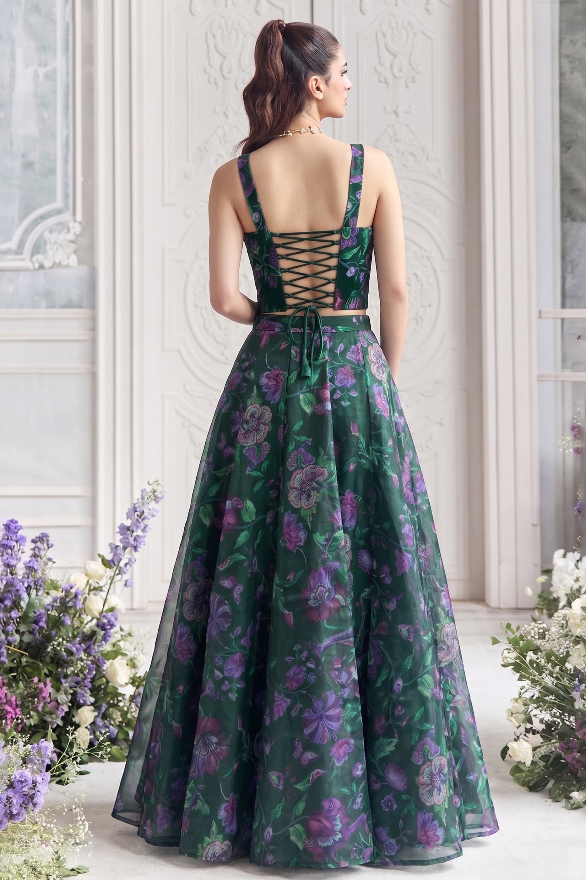 Green Readymade Printed Organza Skirt Set-SAR13114_4_SareeButa.com