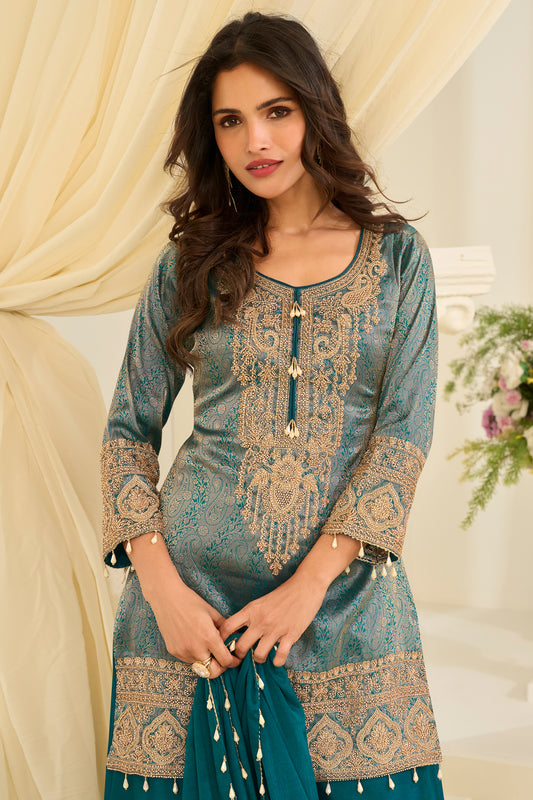 Green Readymade Viscose Jacquard Silk Suit-SAR12210_2_SareeButa.com