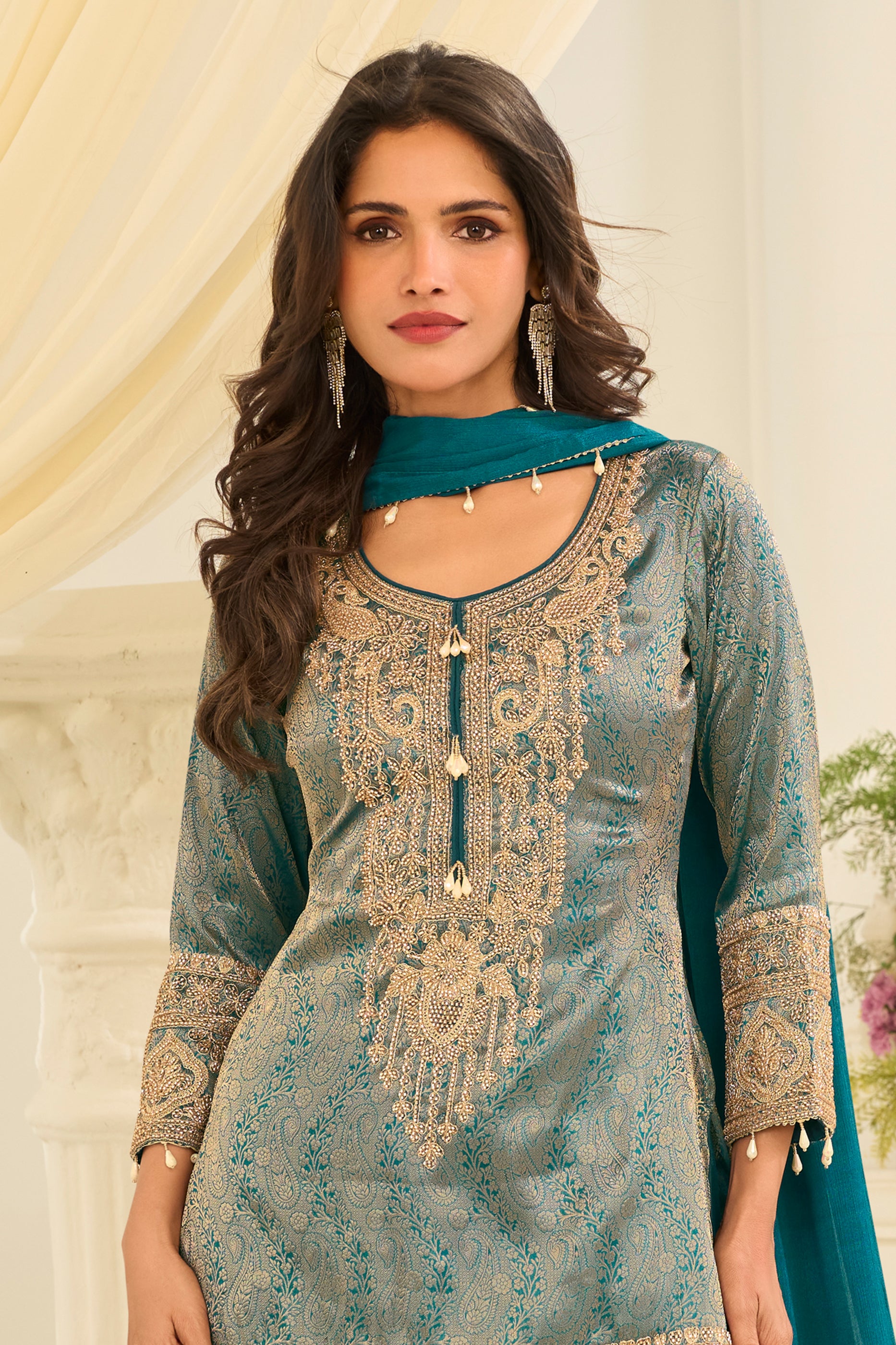 Green Readymade Viscose Jacquard Silk Suit-SAR12210_3_SareeButa.com