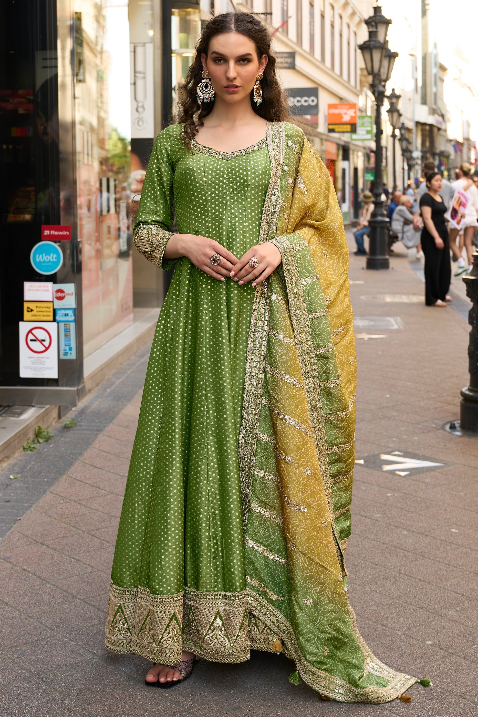 Green Readymade Viscose Silk Gown With Dupatta-SAR11378_1_SareeButa.com