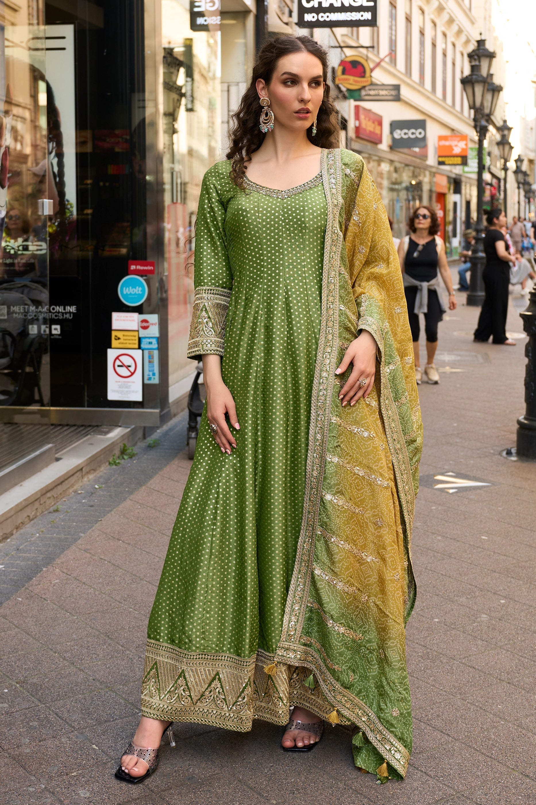 Green Readymade Viscose Silk Gown With Dupatta-SAR11378_4_SareeButa.com