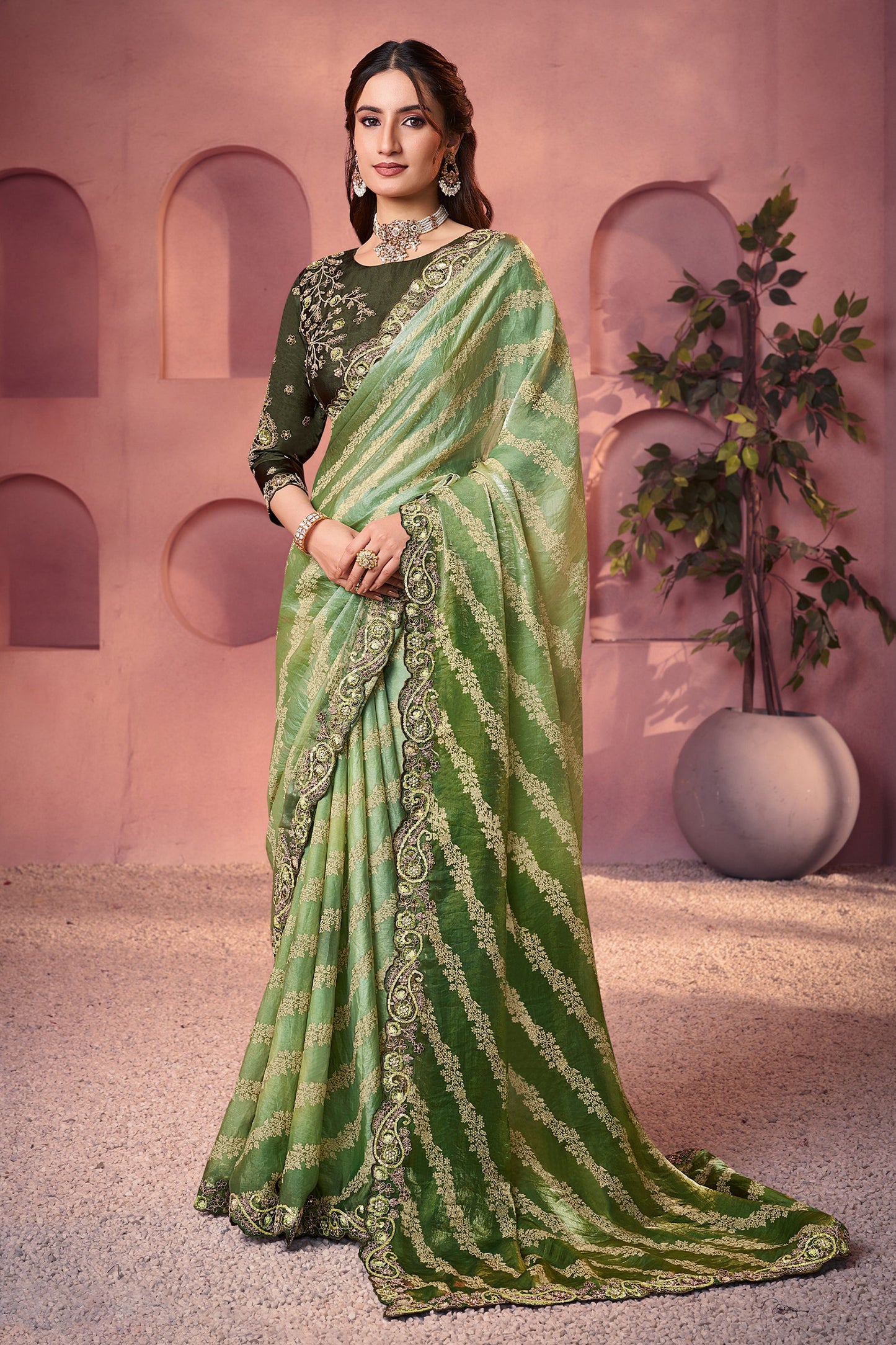 Green Satin Silk Lehariya Print Saree-SAR10890_1_SareeButa.com