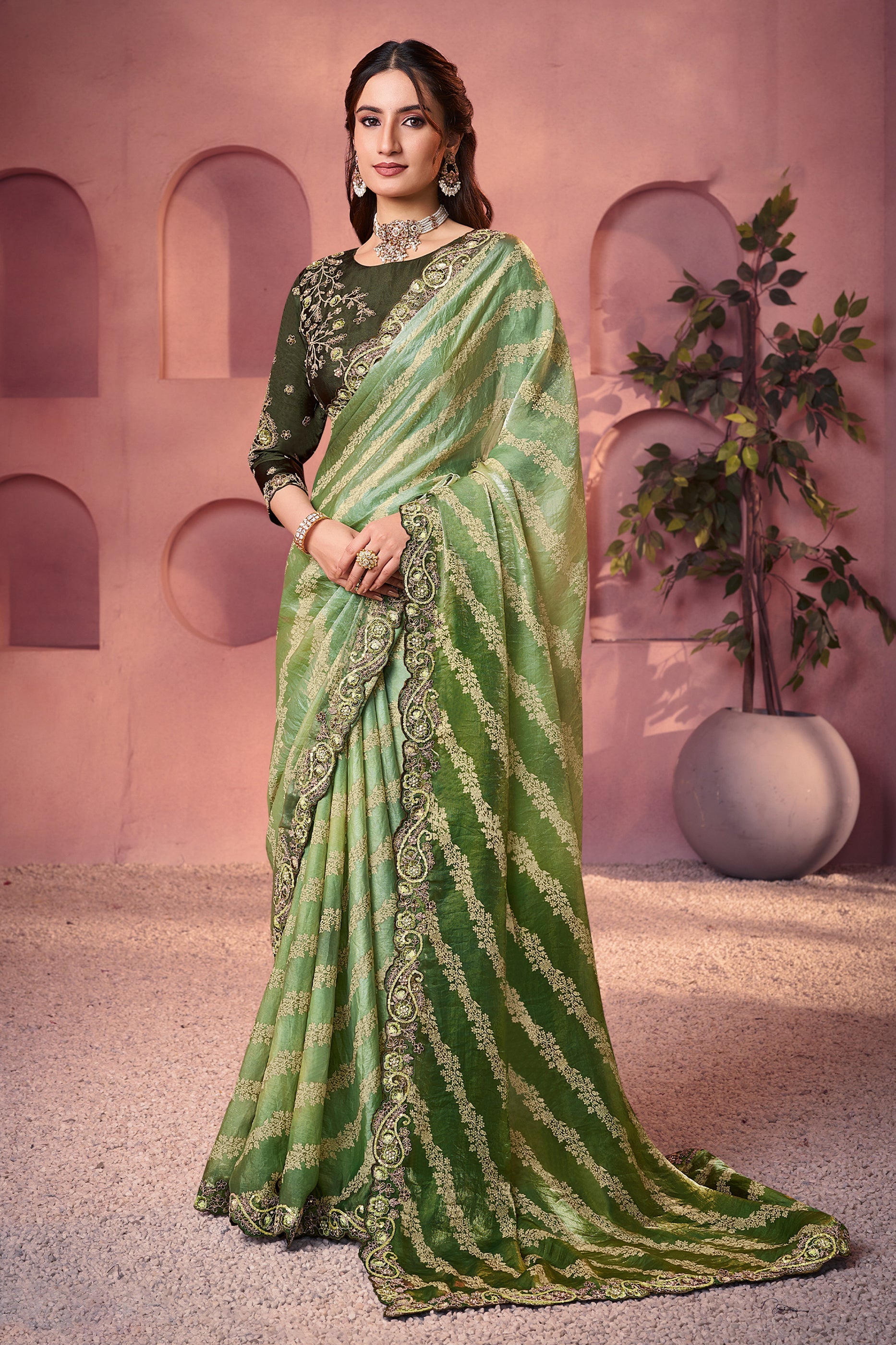 Green Satin Silk Lehariya Print Saree-SAR10890_1_SareeButa.com