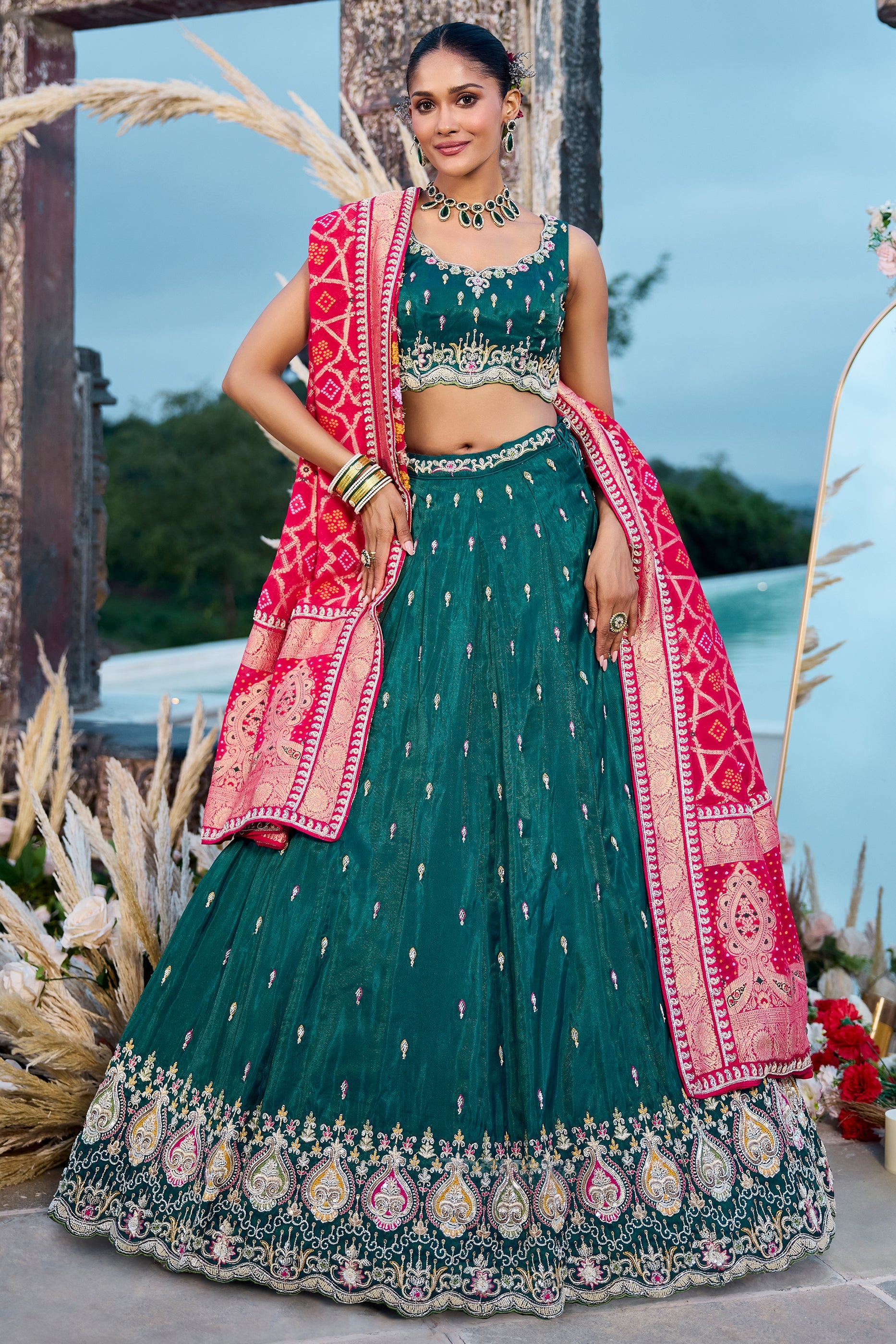 Green Semi-Stitched Embroidered Silk Lehenga-SAR10693_1_SareeButa.com