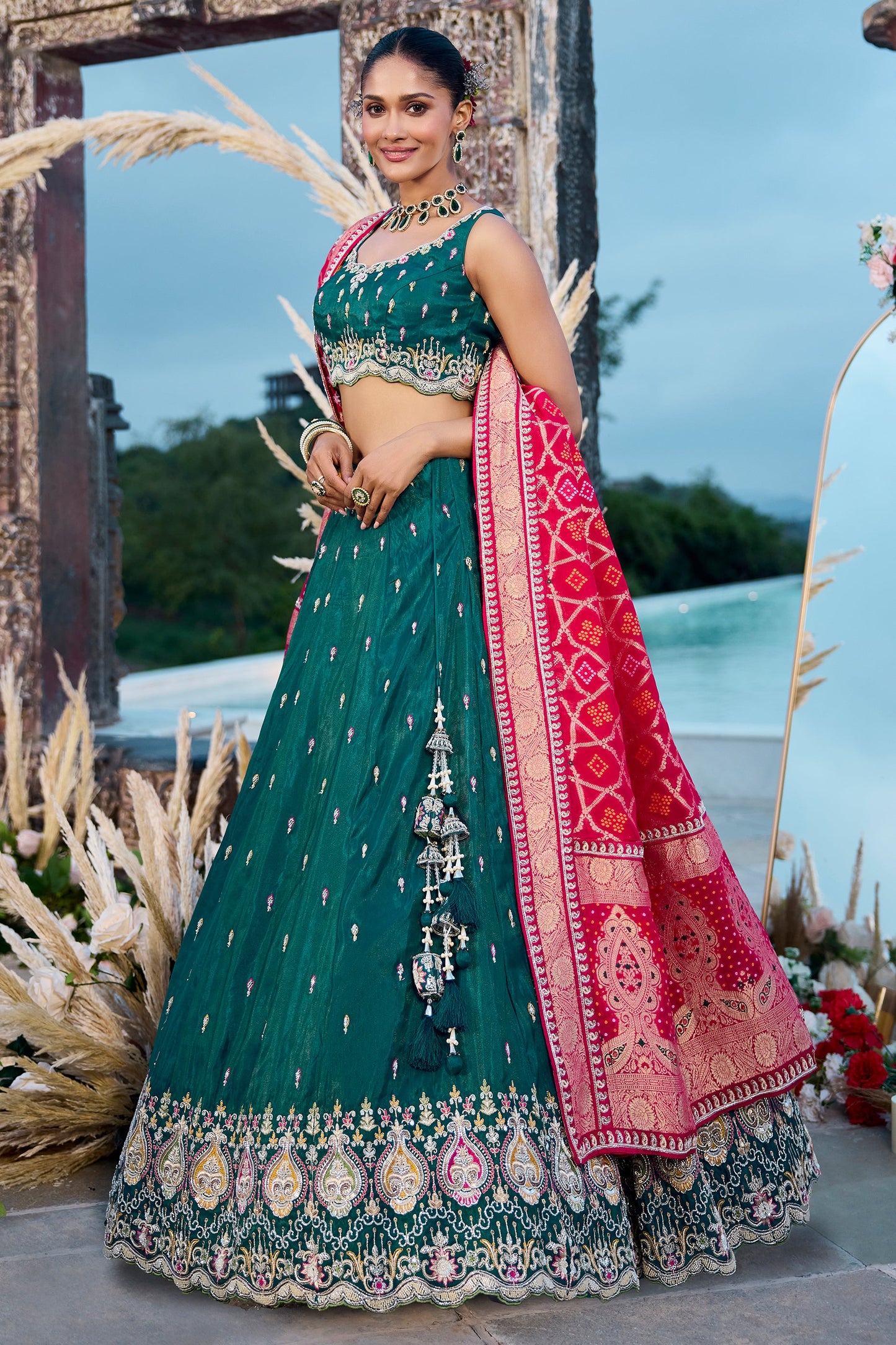 Green Semi-Stitched Embroidered Silk Lehenga-SAR10693_4_SareeButa.com