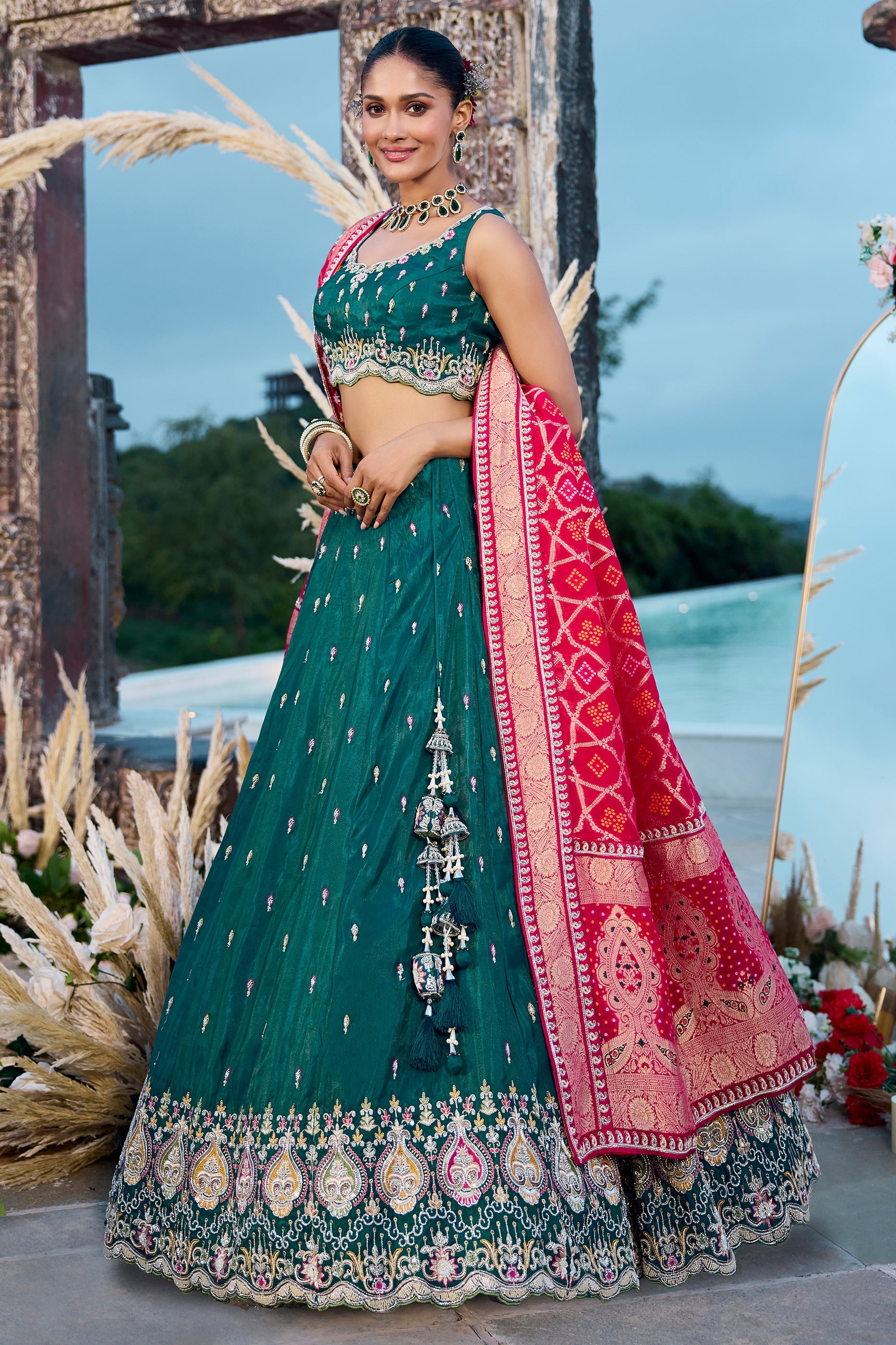Green Semi-Stitched Embroidered Silk Lehenga-SAR10693_4_SareeButa.com