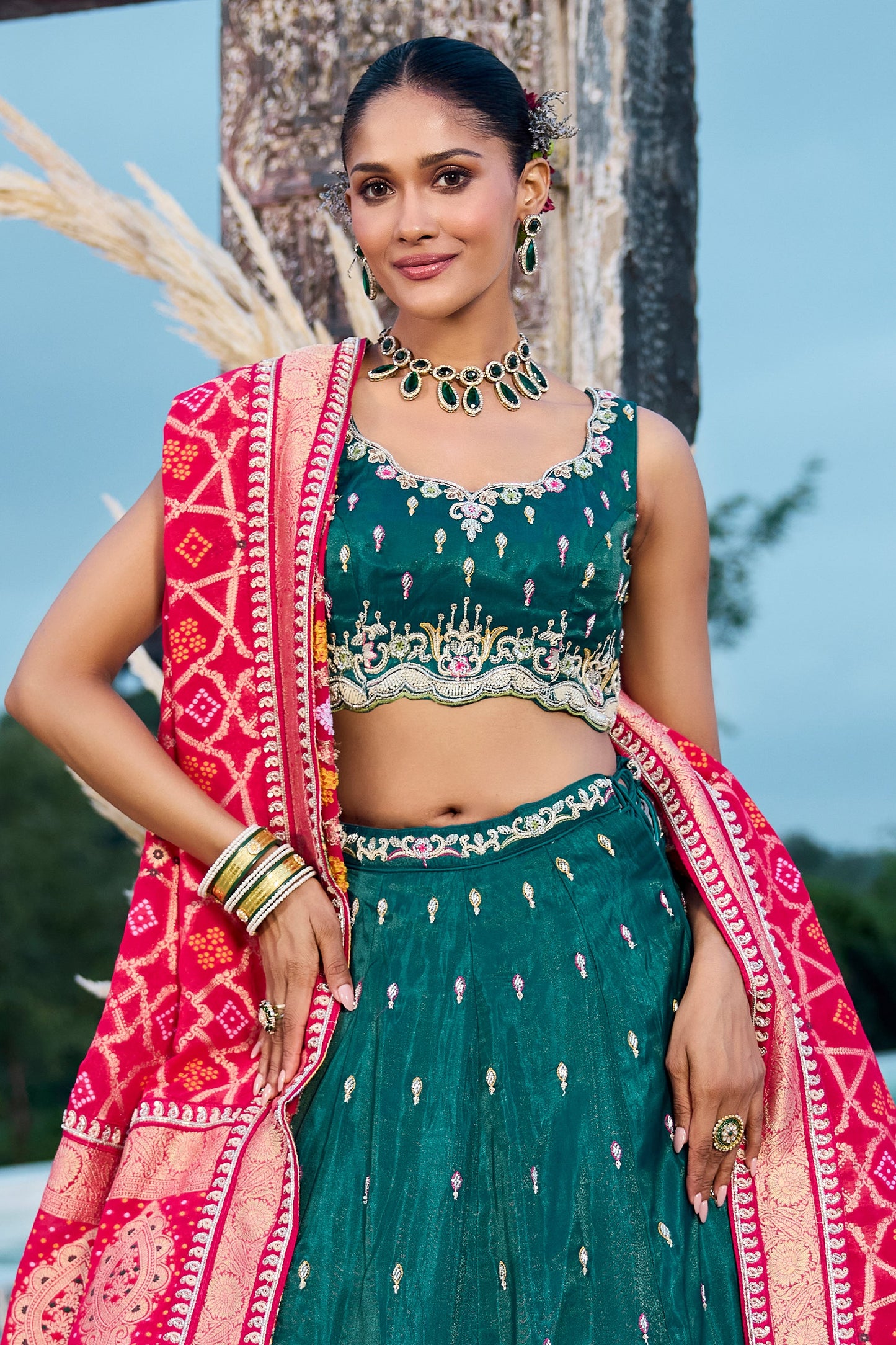 Green Semi-Stitched Embroidered Silk Lehenga-SAR10693_5_SareeButa.com