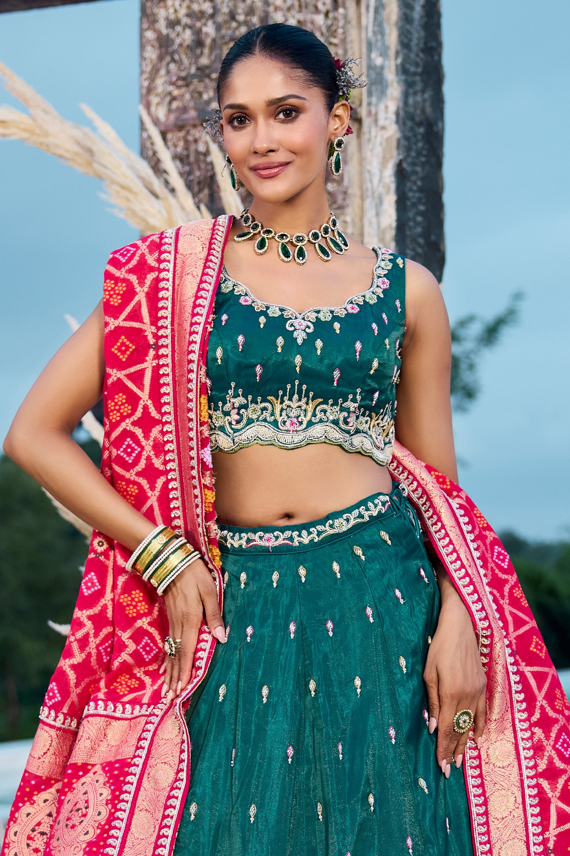 Green Semi-Stitched Embroidered Silk Lehenga-SAR10693_5_SareeButa.com