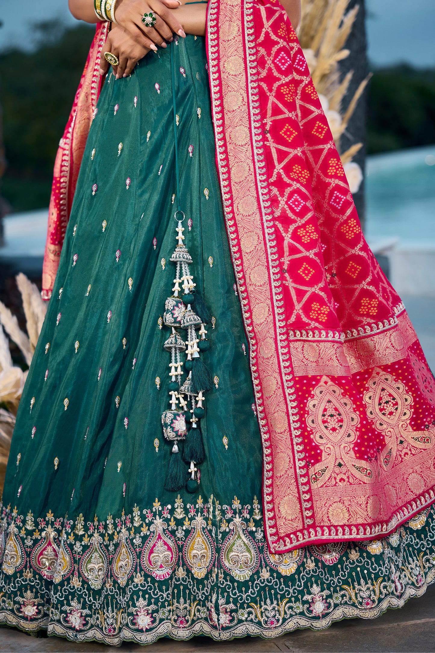 Green Semi-Stitched Embroidered Silk Lehenga