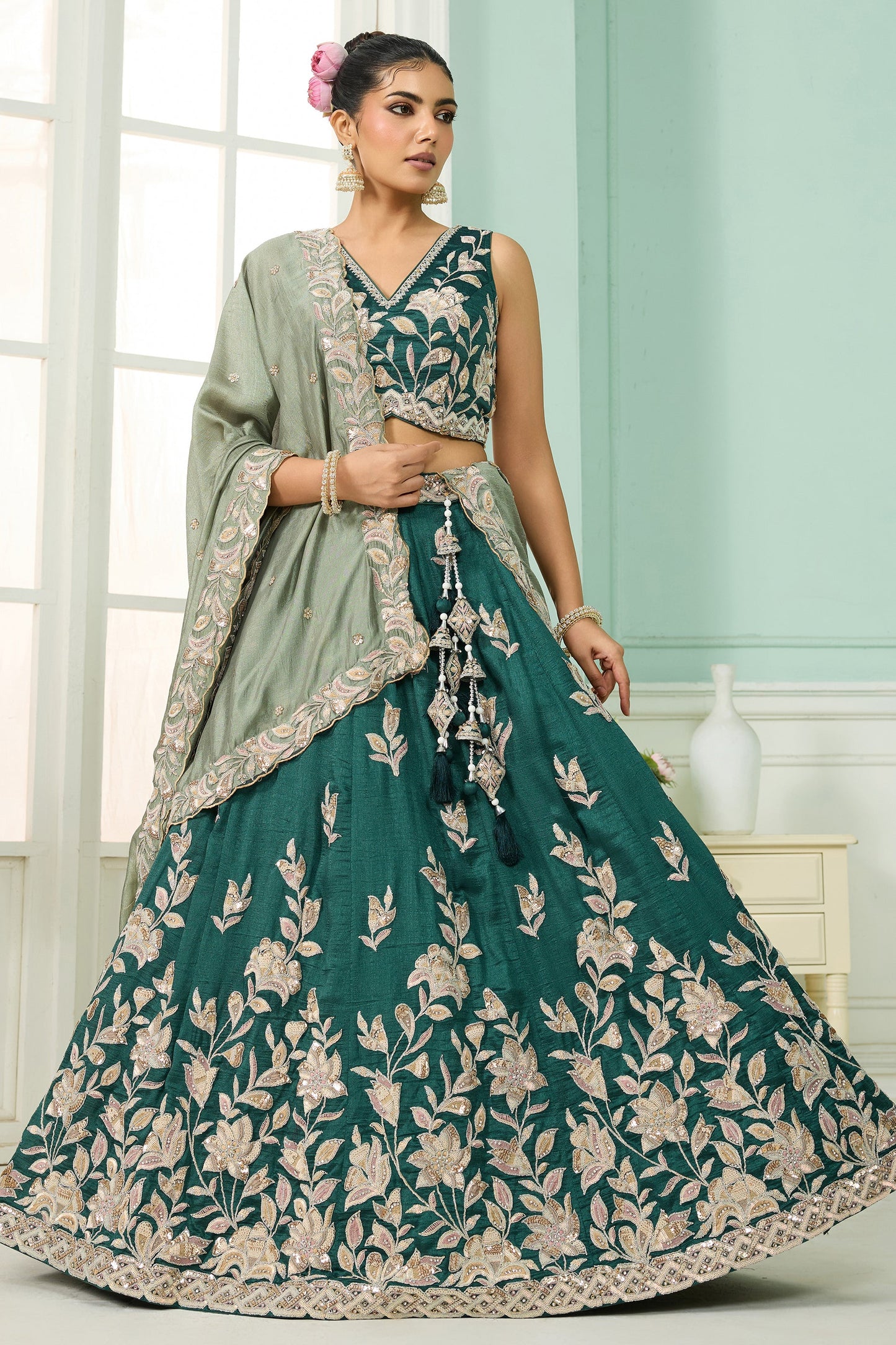 Green Semi-Stitched Embroidered Silk Lehenga-SAR10701_1_SareeButa.com