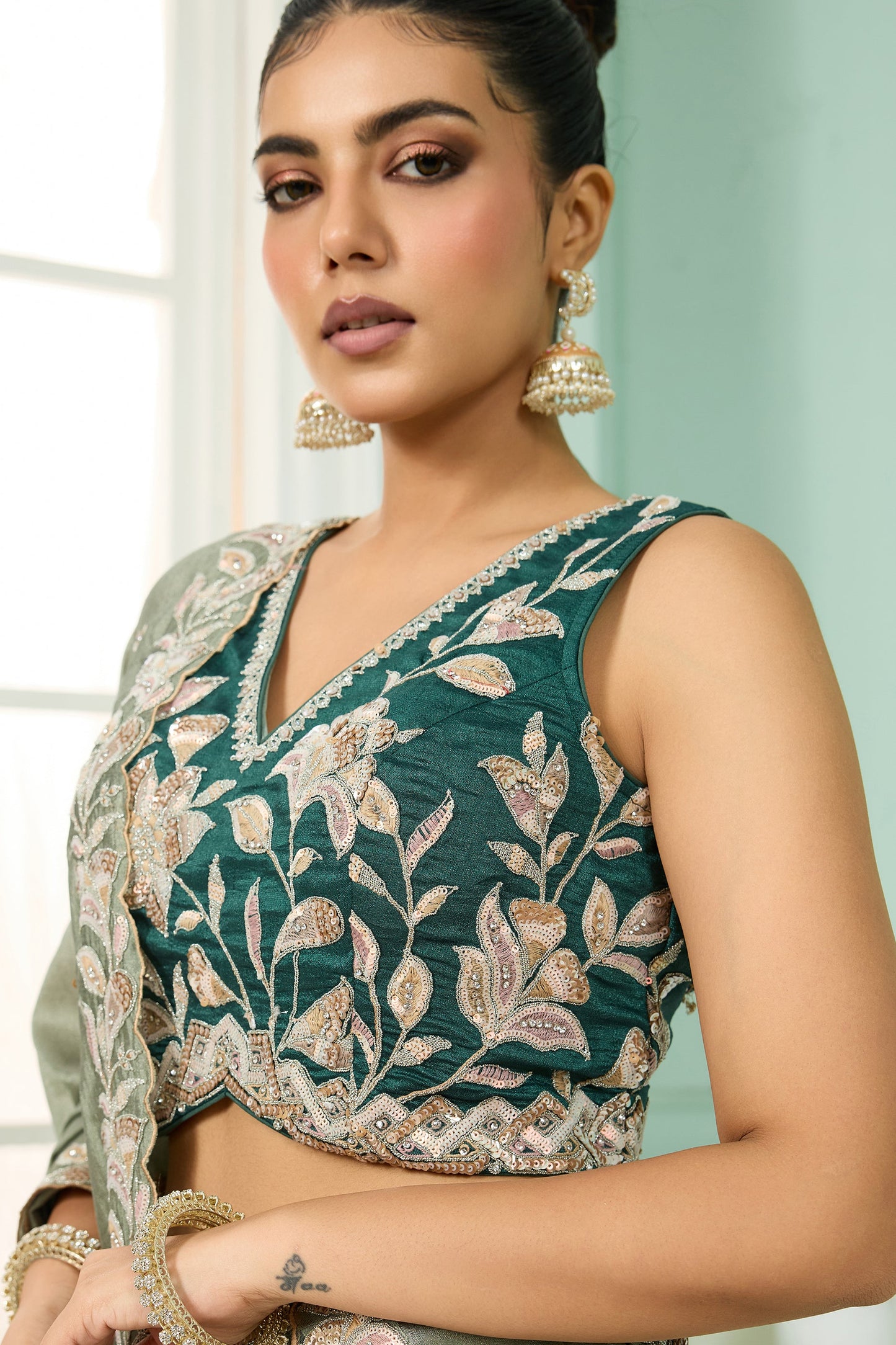 Green Semi-Stitched Embroidered Silk Lehenga-SAR10701_2_SareeButa.com