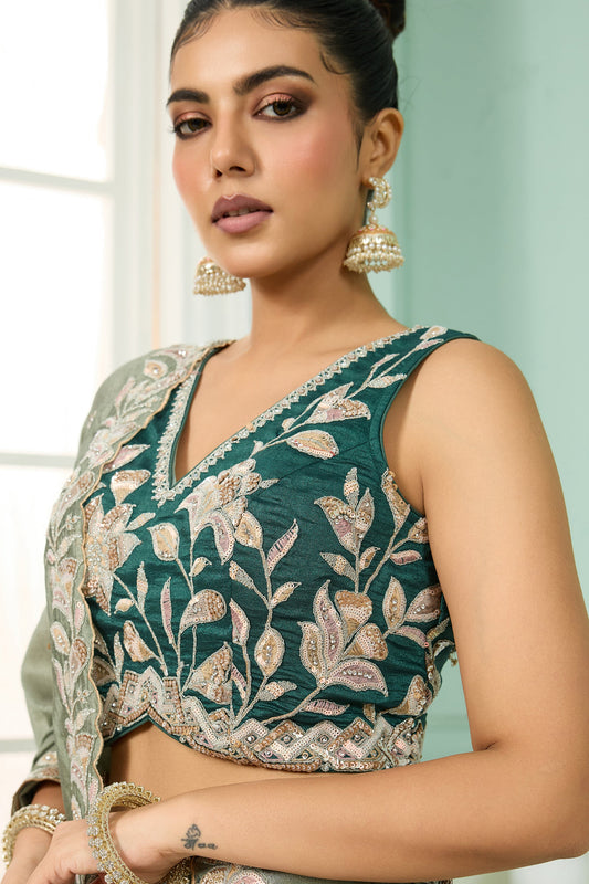 Green Semi-Stitched Embroidered Silk Lehenga-SAR10701_2_SareeButa.com