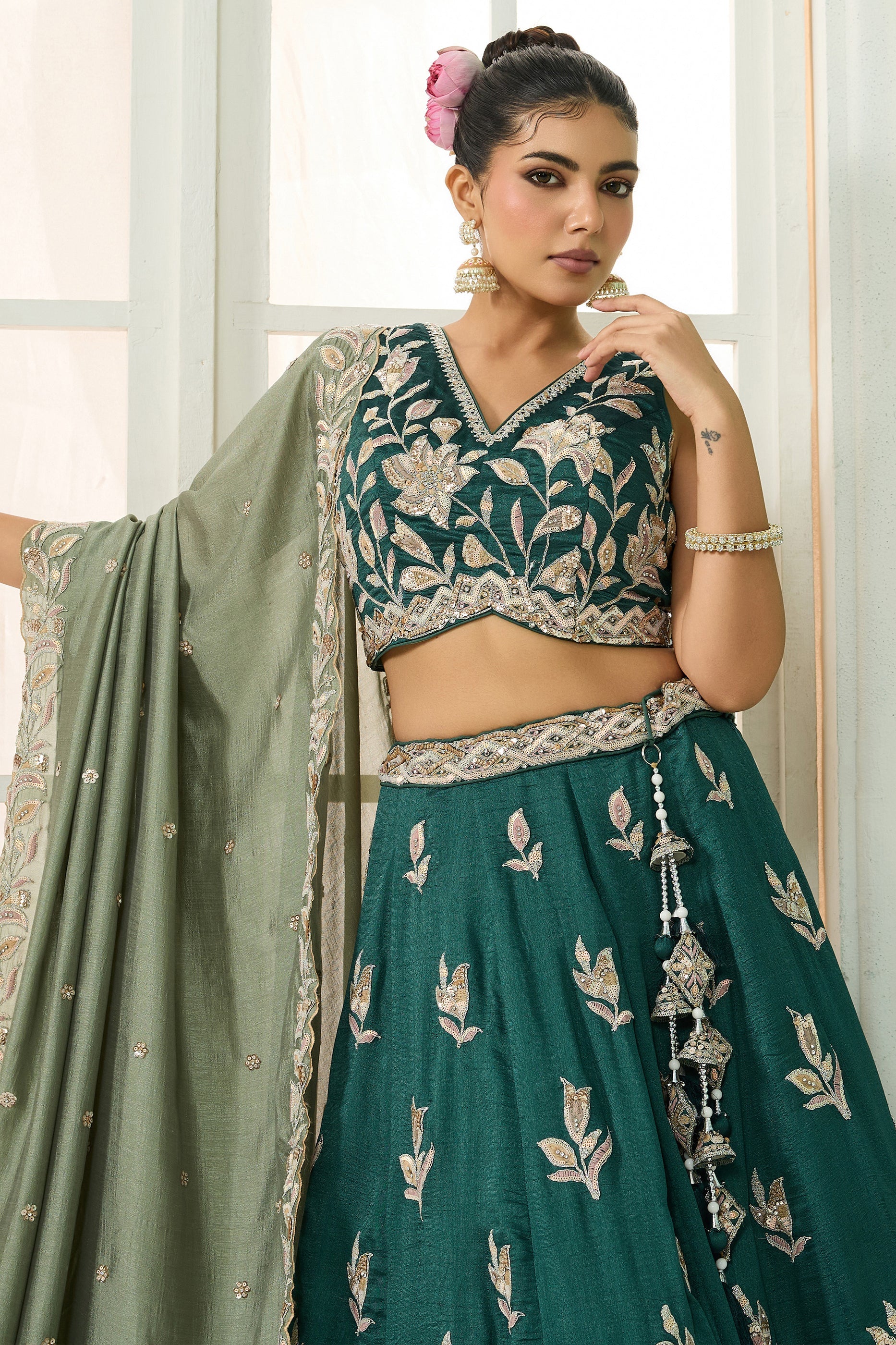 Green Semi-Stitched Embroidered Silk Lehenga-SAR10701_3_SareeButa.com