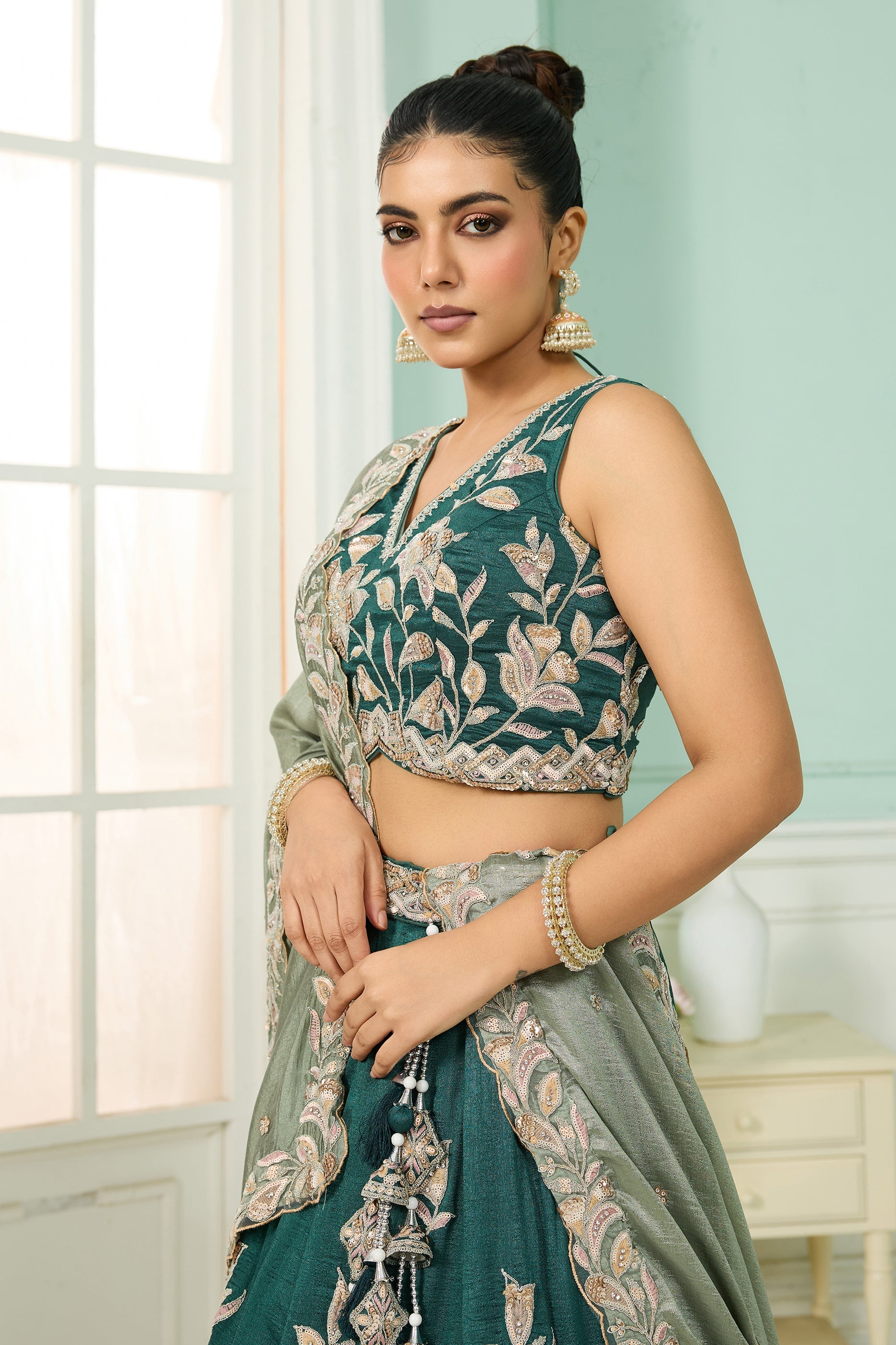 Green Semi-Stitched Embroidered Silk Lehenga-SAR10701_4_SareeButa.com