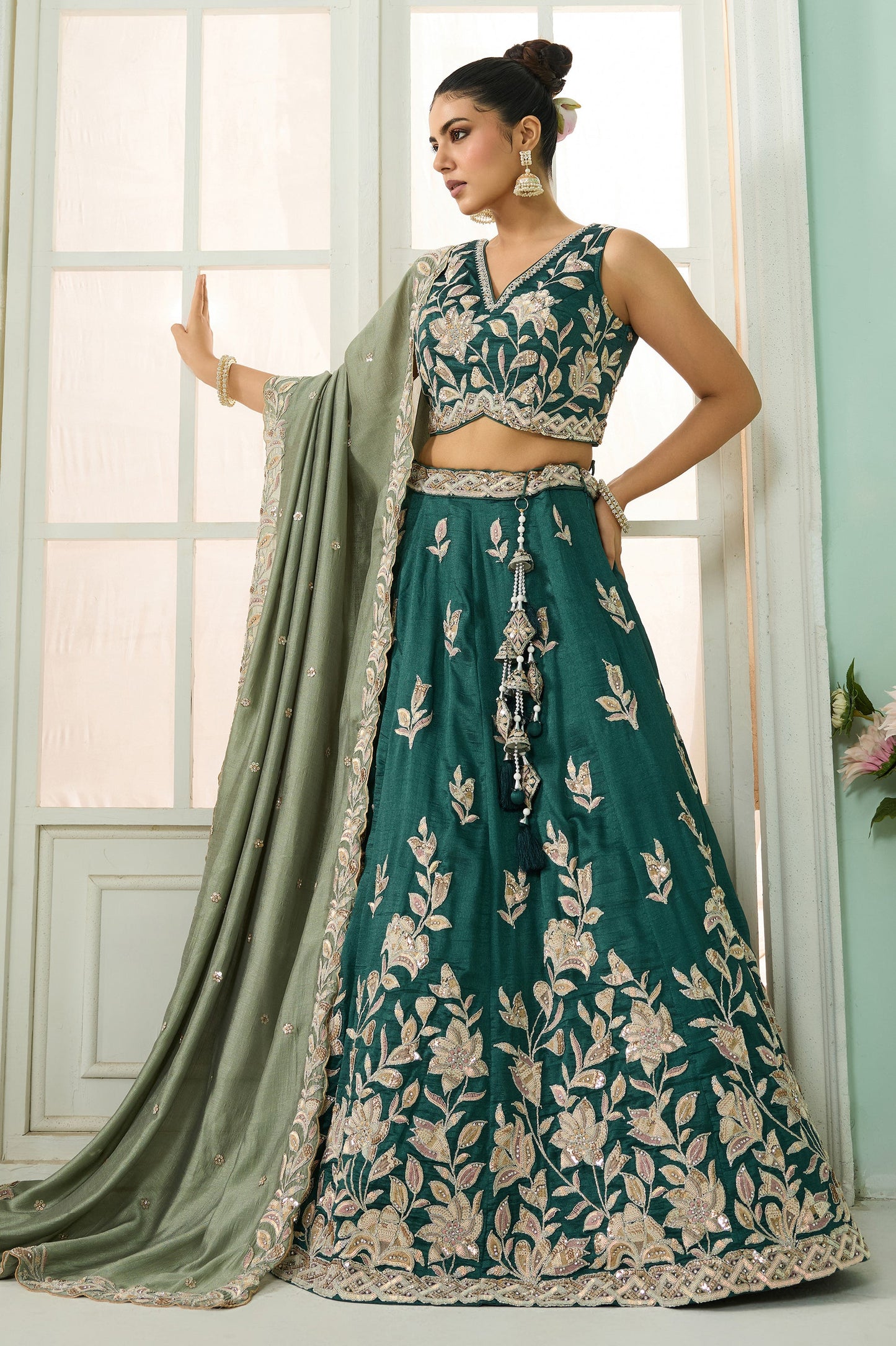 Green Semi-Stitched Embroidered Silk Lehenga-SAR10701_5_SareeButa.com