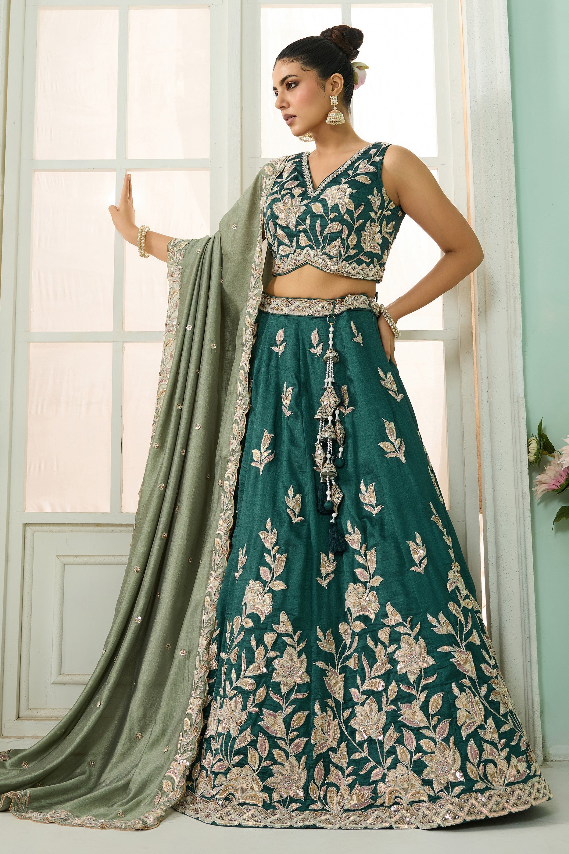 Green Semi-Stitched Embroidered Silk Lehenga-SAR10701_5_SareeButa.com