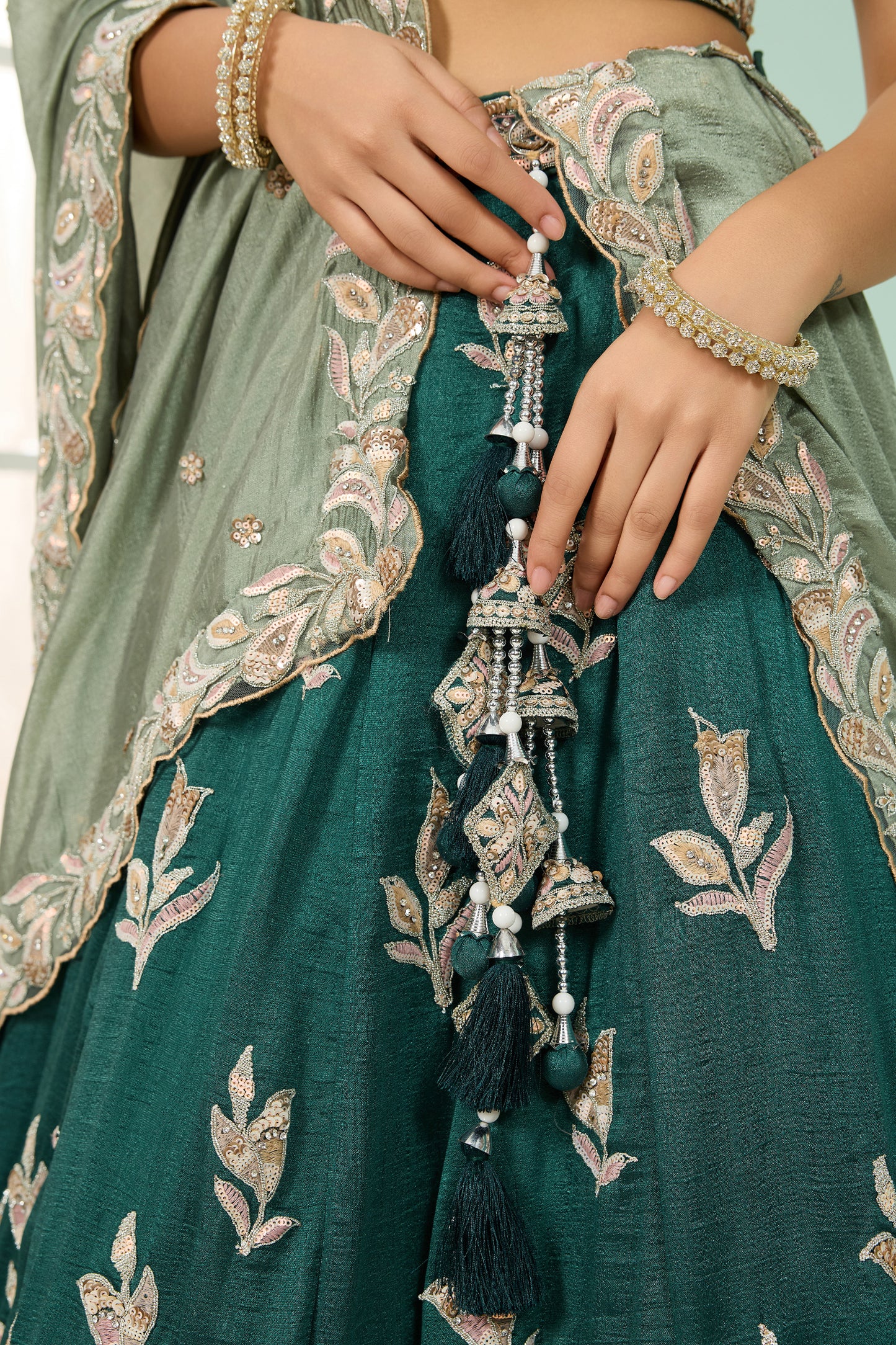Green Semi-Stitched Embroidered Silk Lehenga