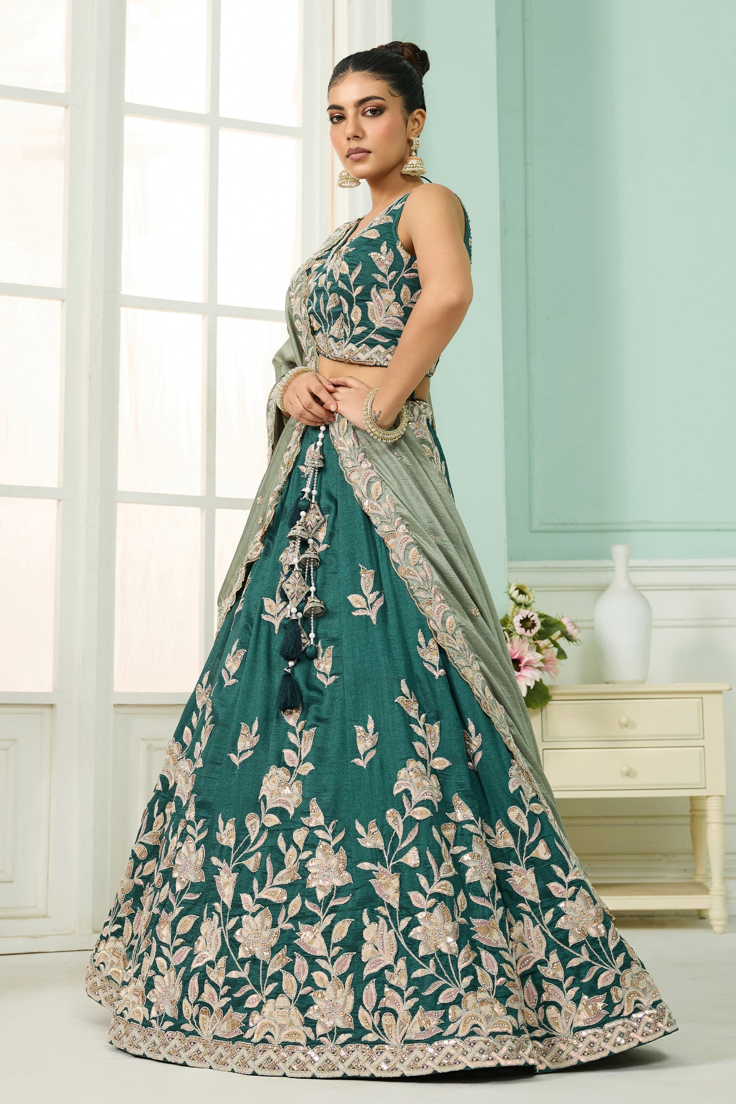 Green Semi-Stitched Embroidered Silk Lehenga