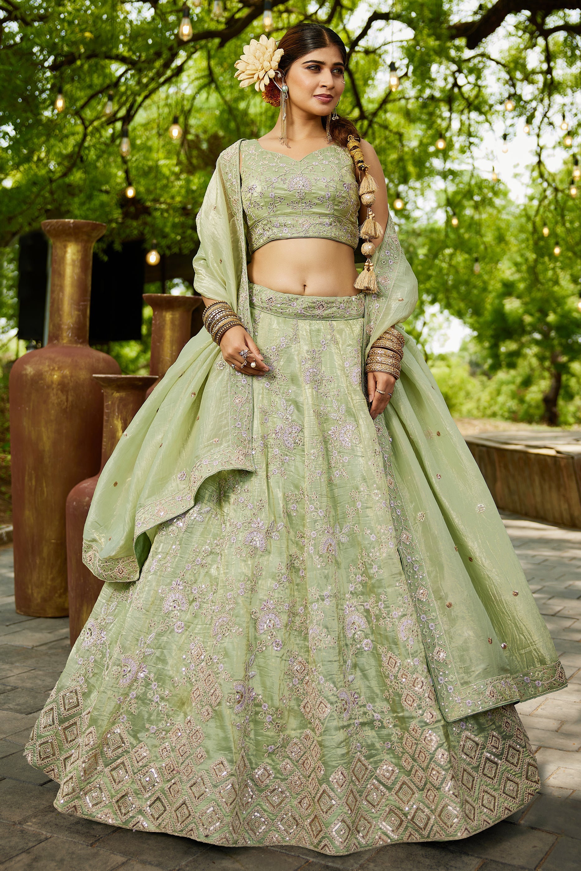 Green Readymade Embroidered Tissue Silk Lehenga-SAR10055_1_SareeButa.com