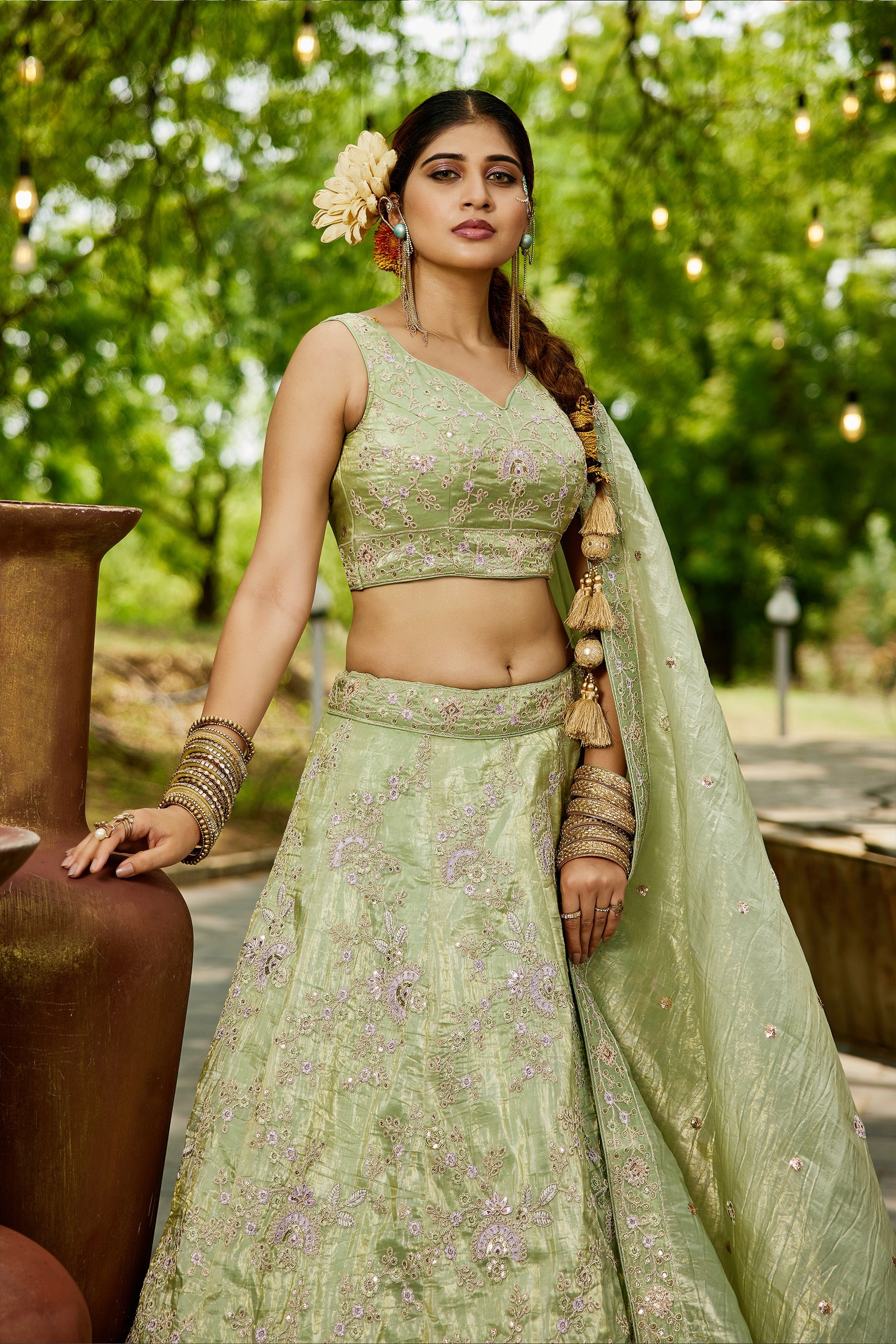 Green Readymade Embroidered Tissue Silk Lehenga-SAR10055_2_SareeButa.com