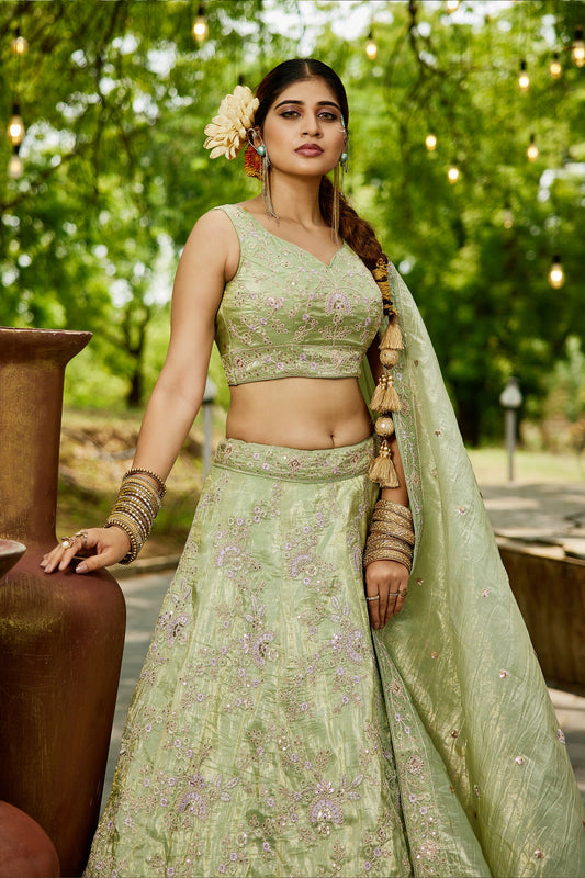 Green Readymade Embroidered Tissue Silk Lehenga-SAR10055_2_SareeButa.com