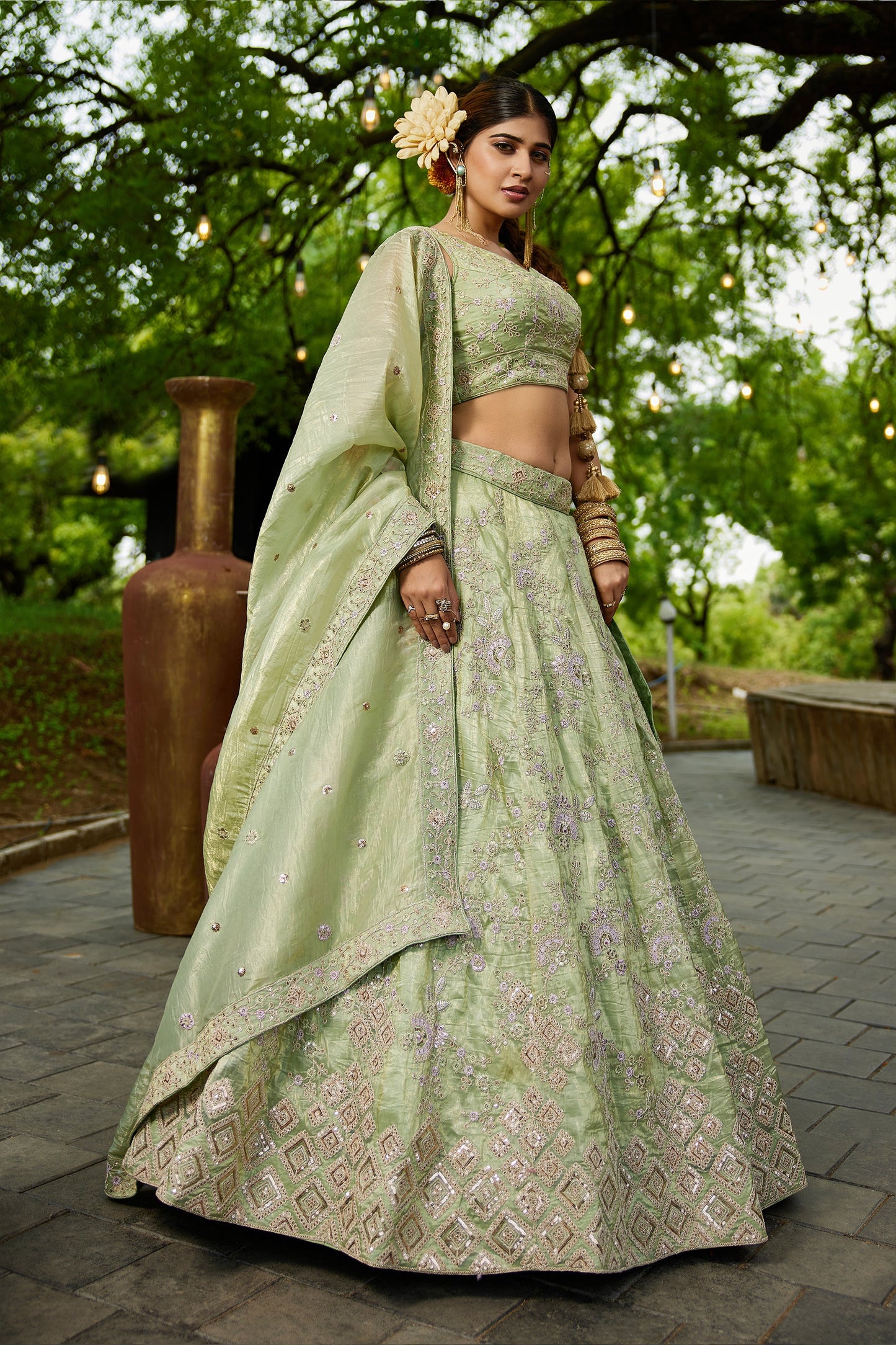 Green Readymade Embroidered Tissue Silk Lehenga-SAR10055_3_SareeButa.com