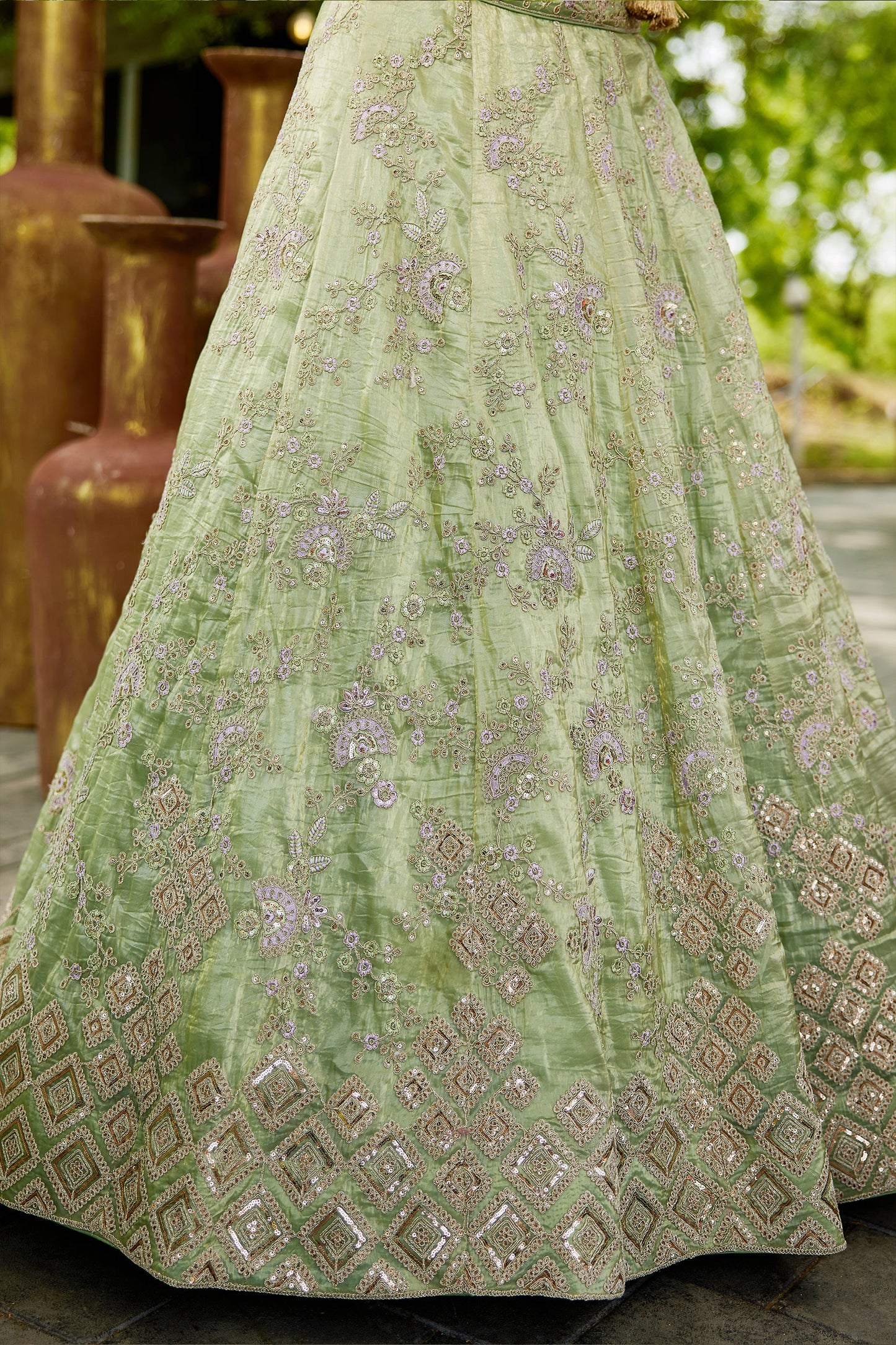 Green Readymade Embroidered Tissue Silk Lehenga-SAR10055_5_SareeButa.com