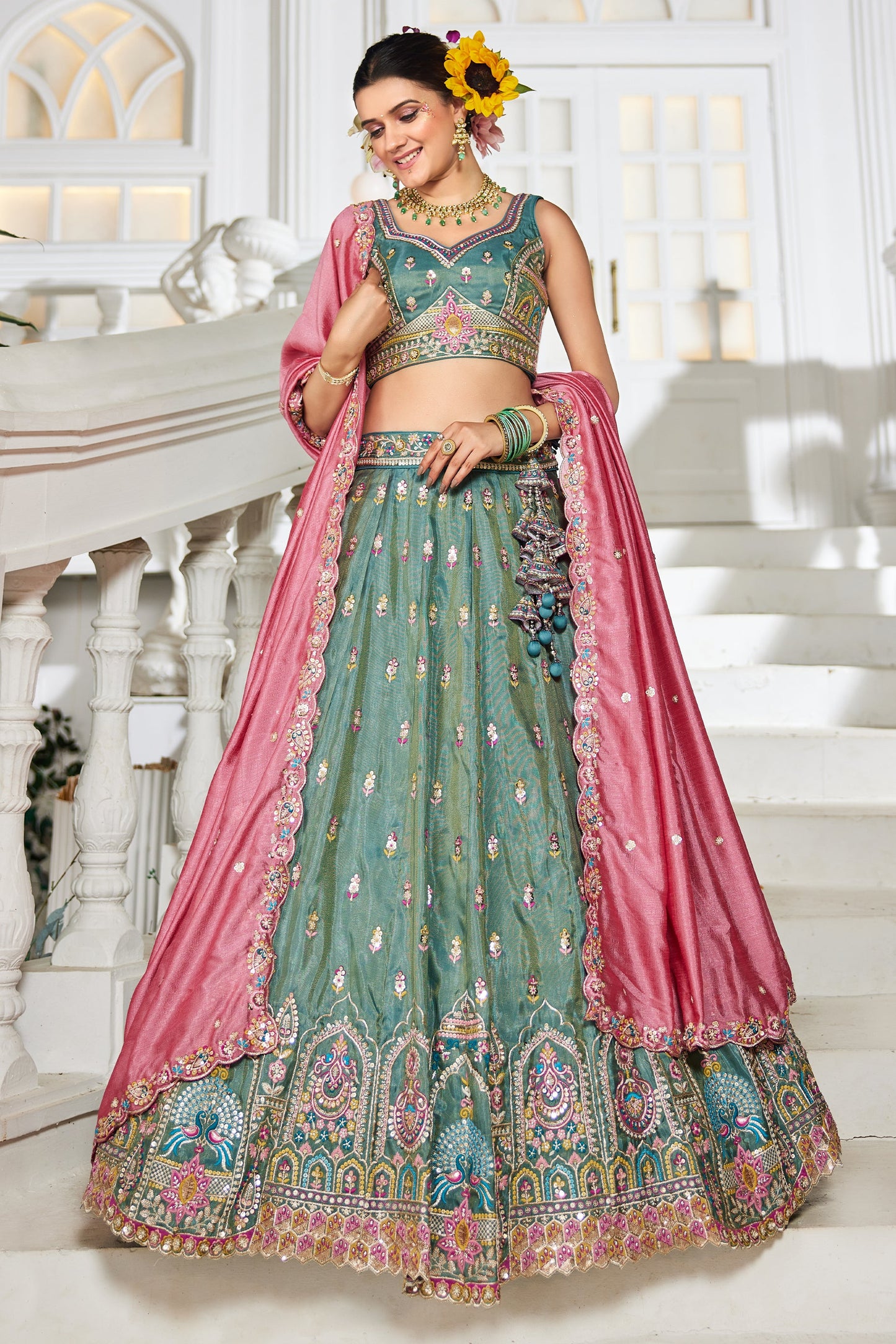 Green Readymade Embroidered Tissue Silk Lehenga-SAR10060_1_SareeButa.com
