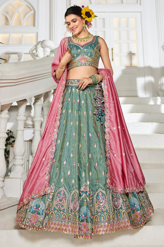 Green Readymade Embroidered Tissue Silk Lehenga-SAR10060_1_SareeButa.com