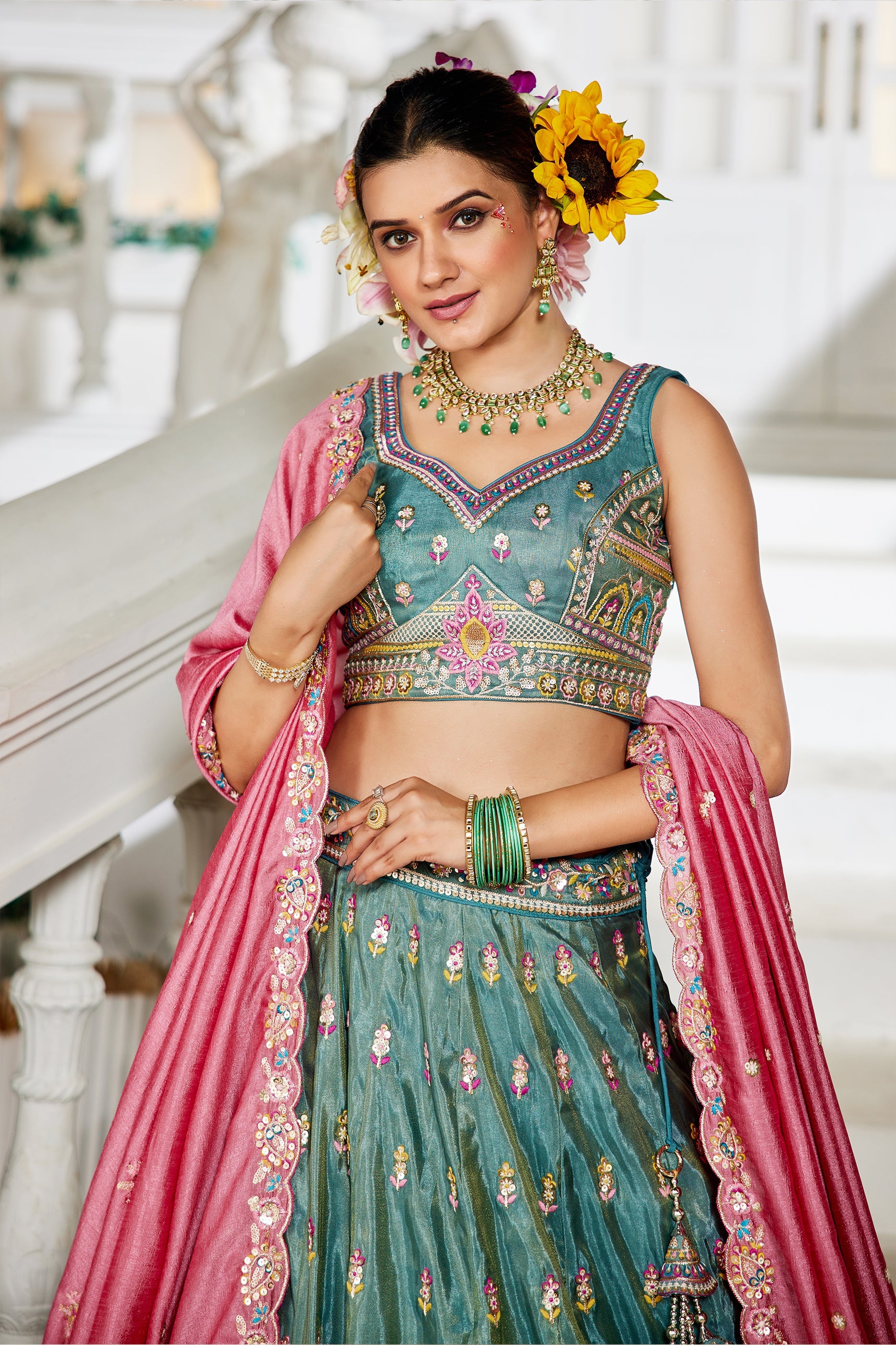 Green Readymade Embroidered Tissue Silk Lehenga-SAR10060_2_SareeButa.com