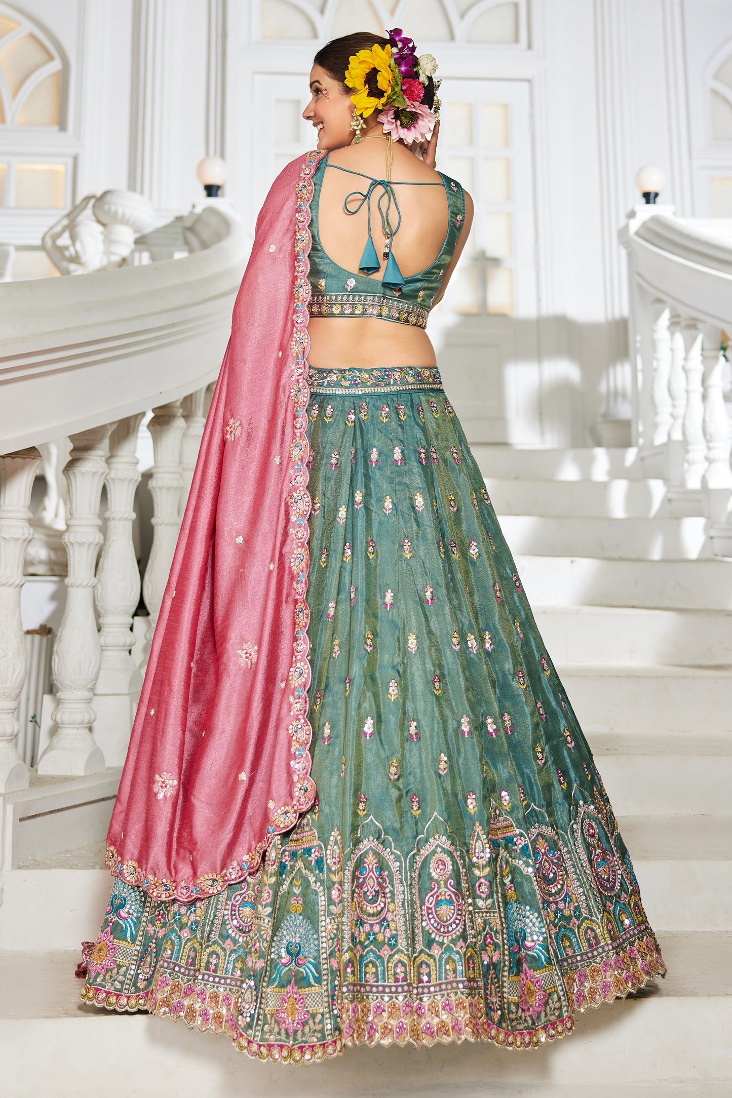 Green Readymade Embroidered Tissue Silk Lehenga-SAR10060_3_SareeButa.com