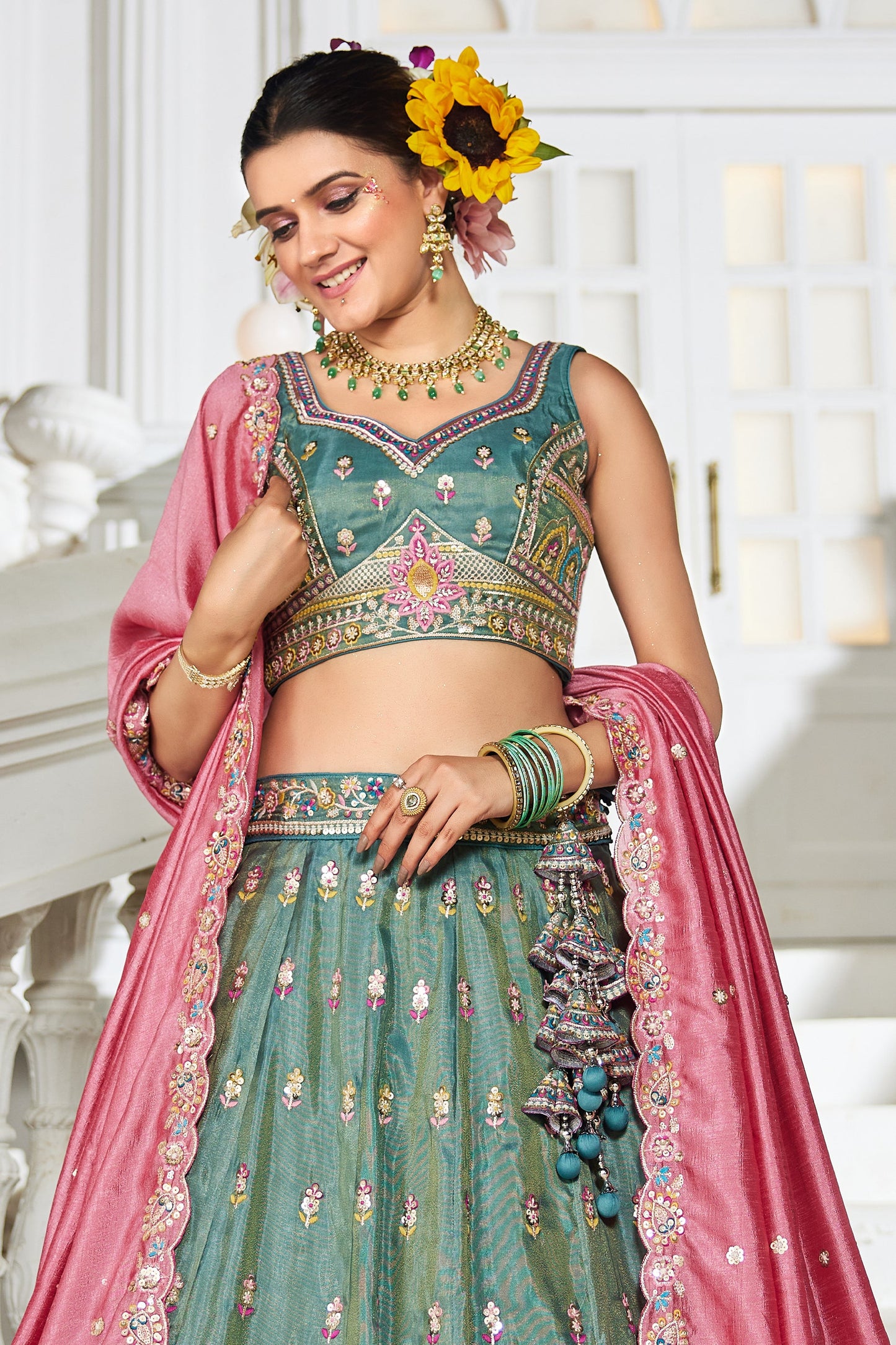 Green Readymade Embroidered Tissue Silk Lehenga-SAR10060_4_SareeButa.com