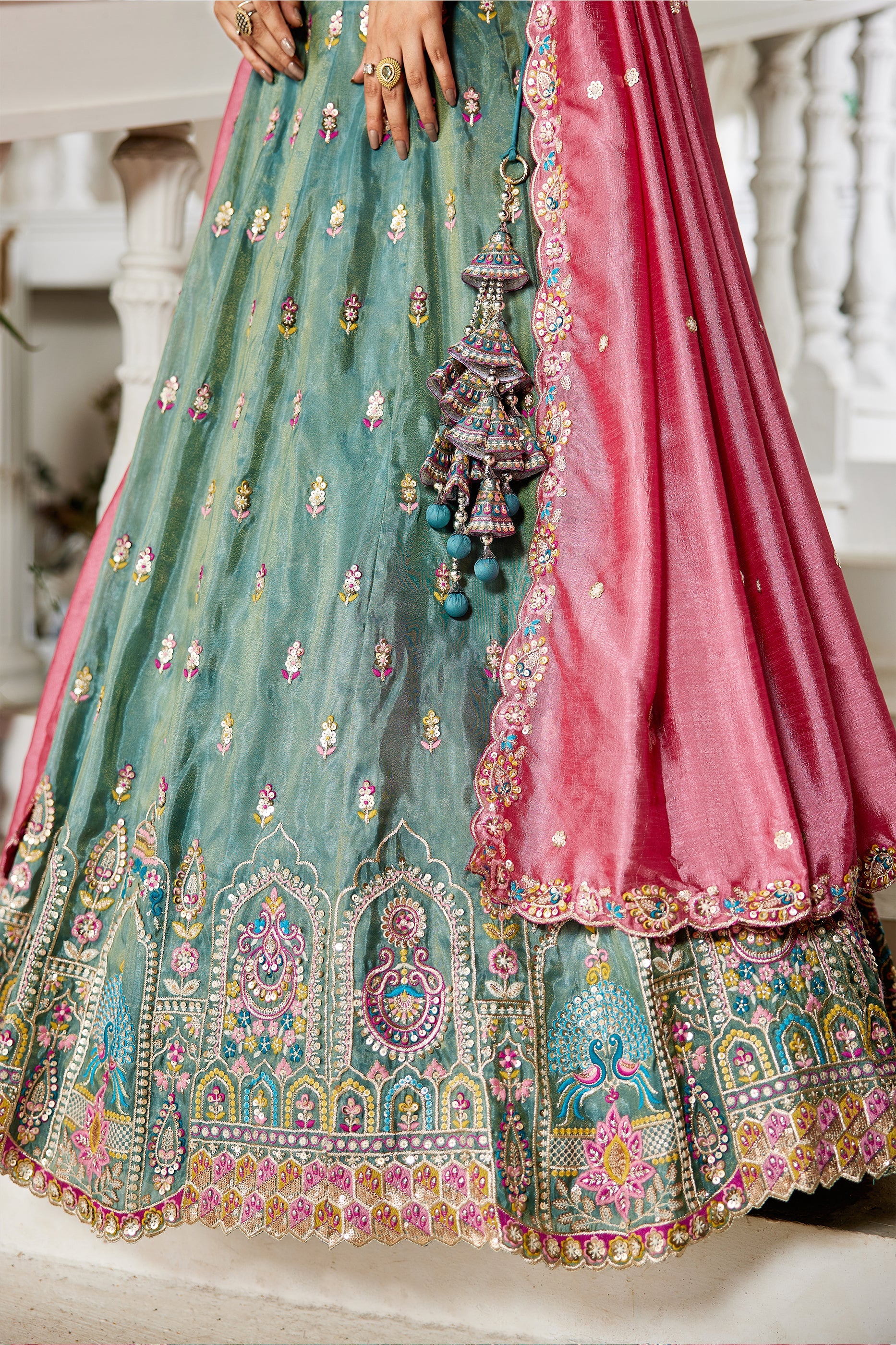Green Readymade Embroidered Tissue Silk Lehenga-SAR10060_5_SareeButa.com