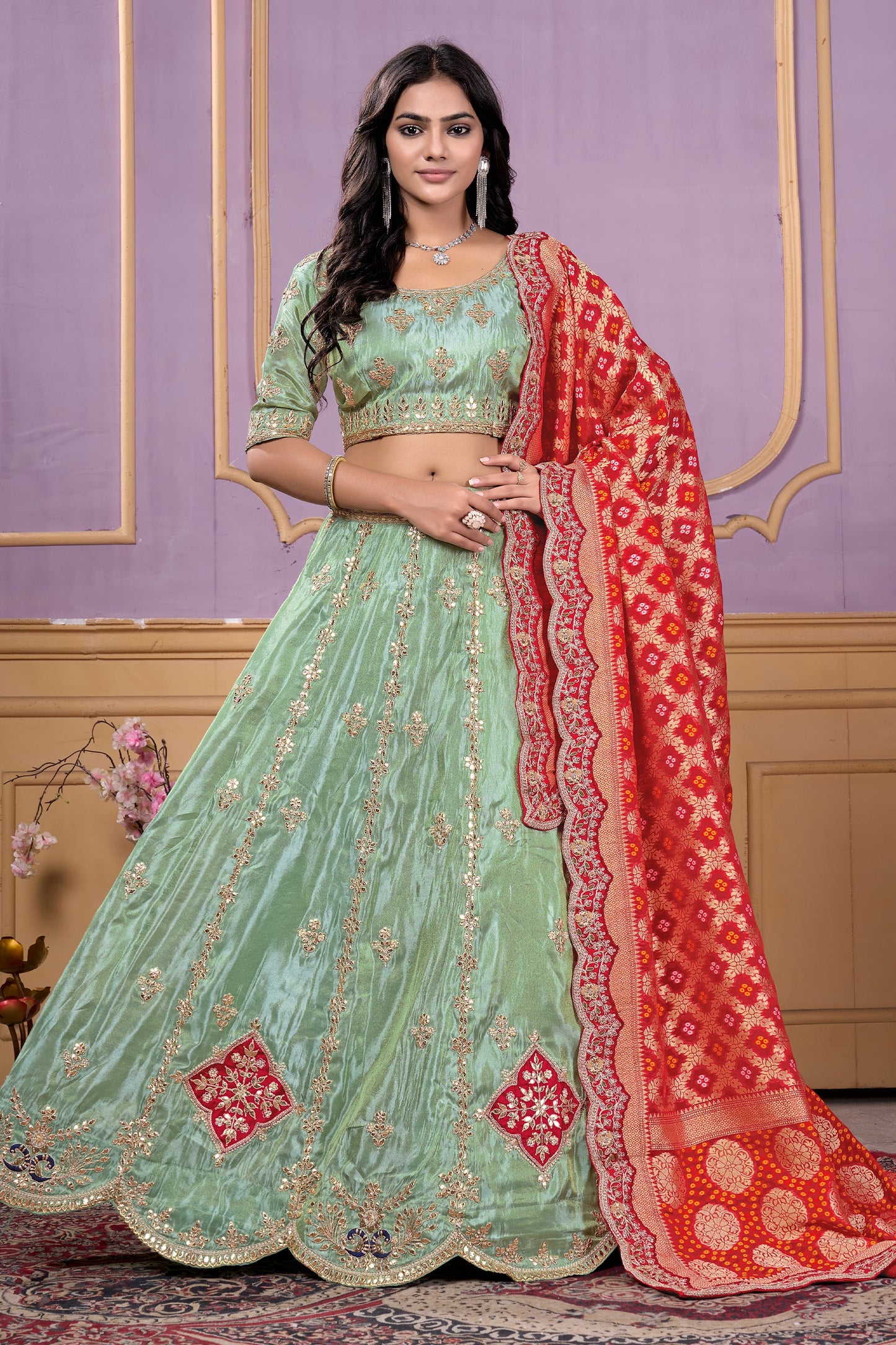 Green Semi-Stitched Embroidered Viscose Lehenga-SAR10728_1_SareeButa.com