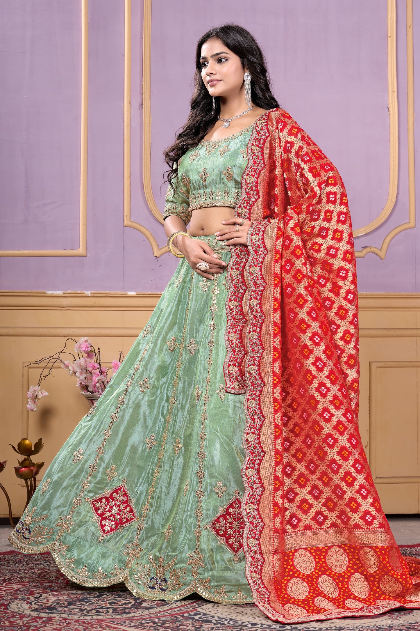 Green Semi-Stitched Embroidered Viscose Lehenga-SAR10728_3_SareeButa.com