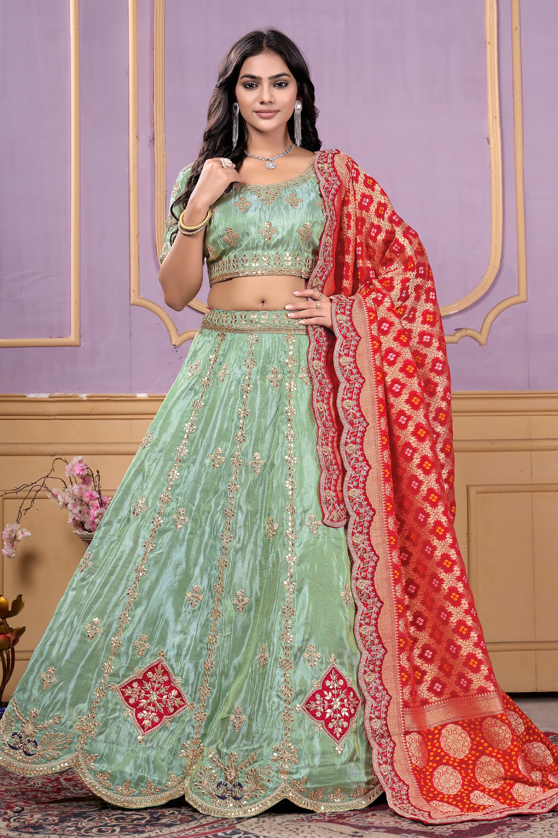 Green Semi-Stitched Embroidered Viscose Lehenga-SAR10728_4_SareeButa.com