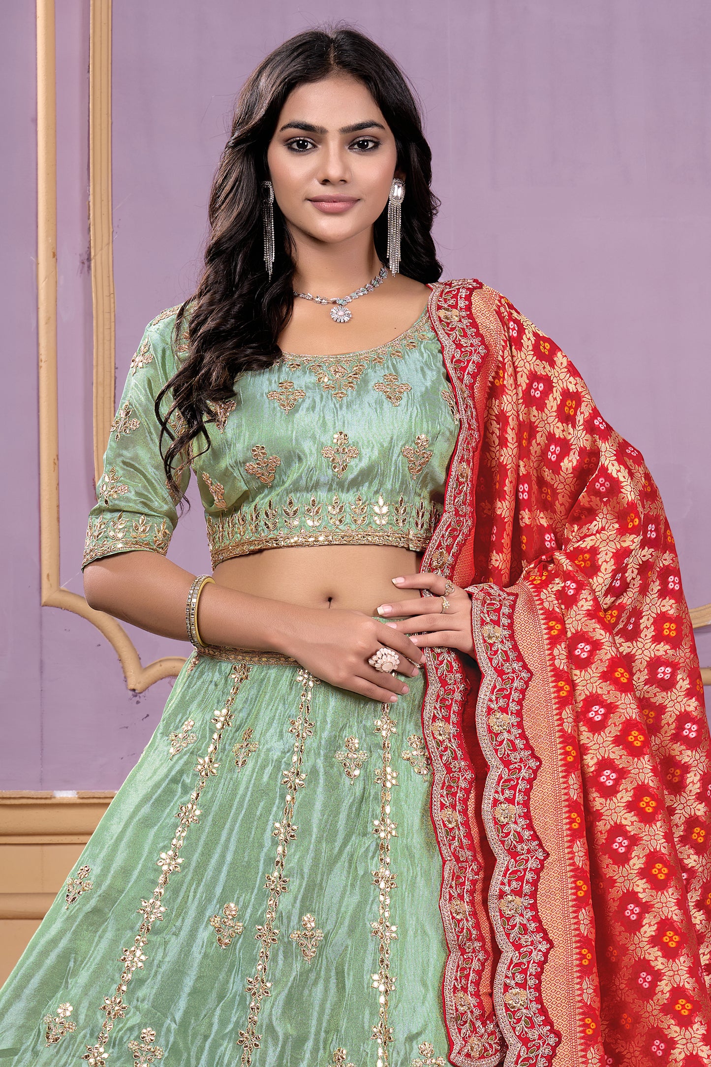 Green Semi-Stitched Embroidered Viscose Lehenga