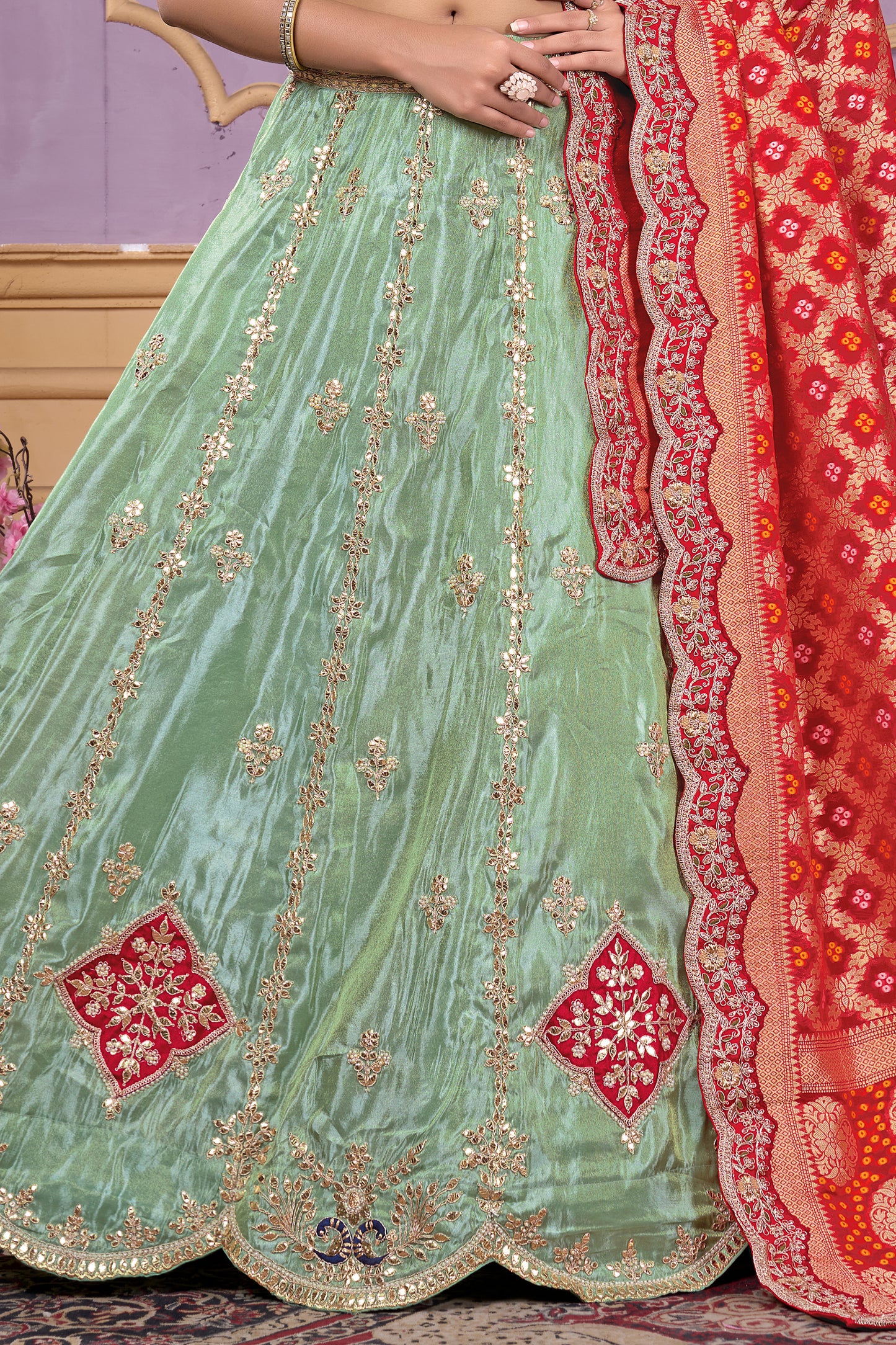 Green Semi-Stitched Embroidered Viscose Lehenga