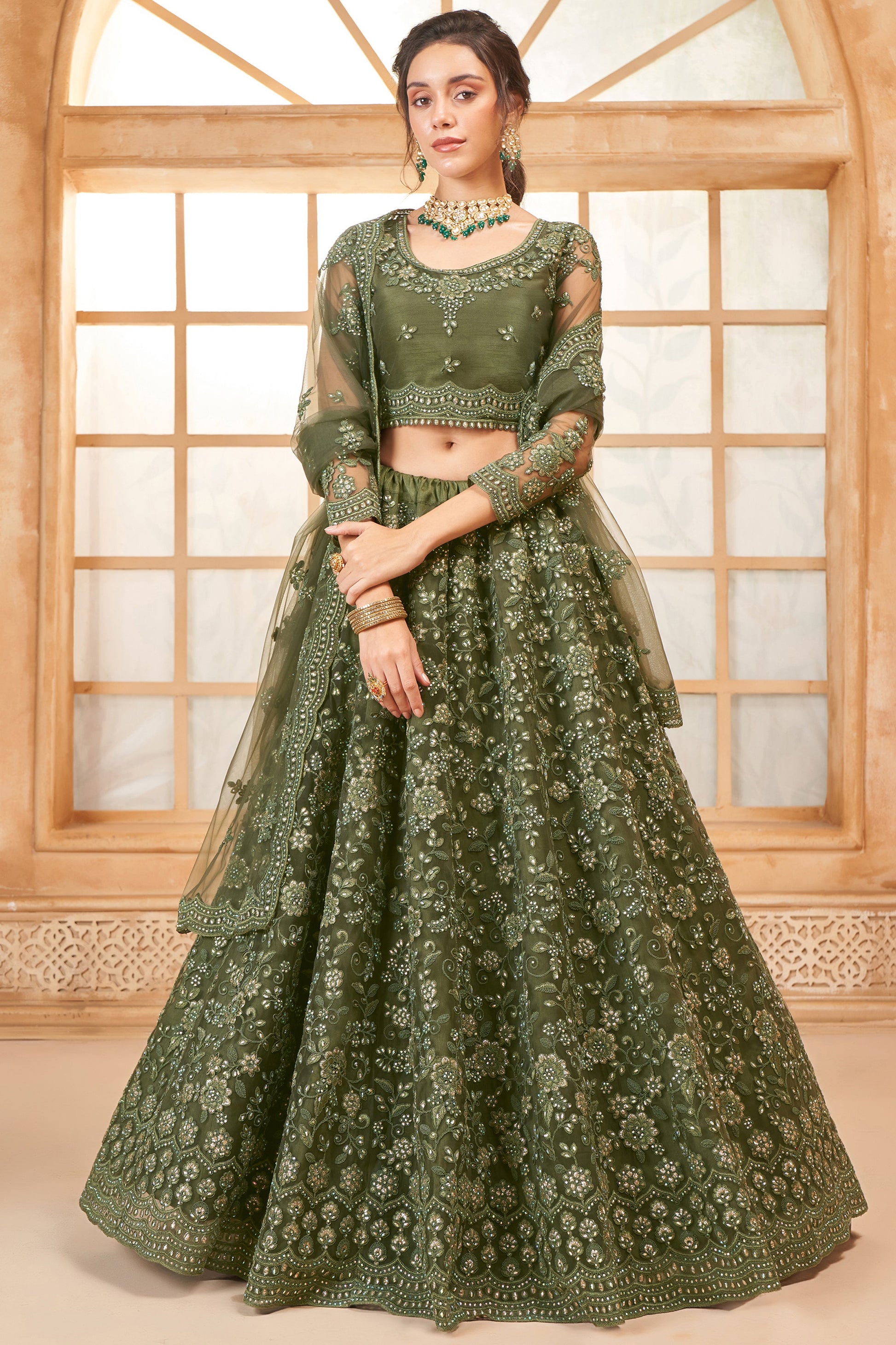 Green Semi Stitched Embroidered Net Lehenga-LC43_1_SareeButa.com