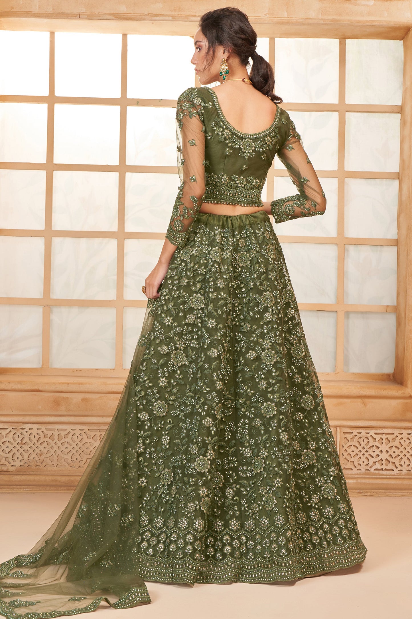 Green Semi Stitched Embroidered Net Lehenga-LC43_3_SareeButa.com