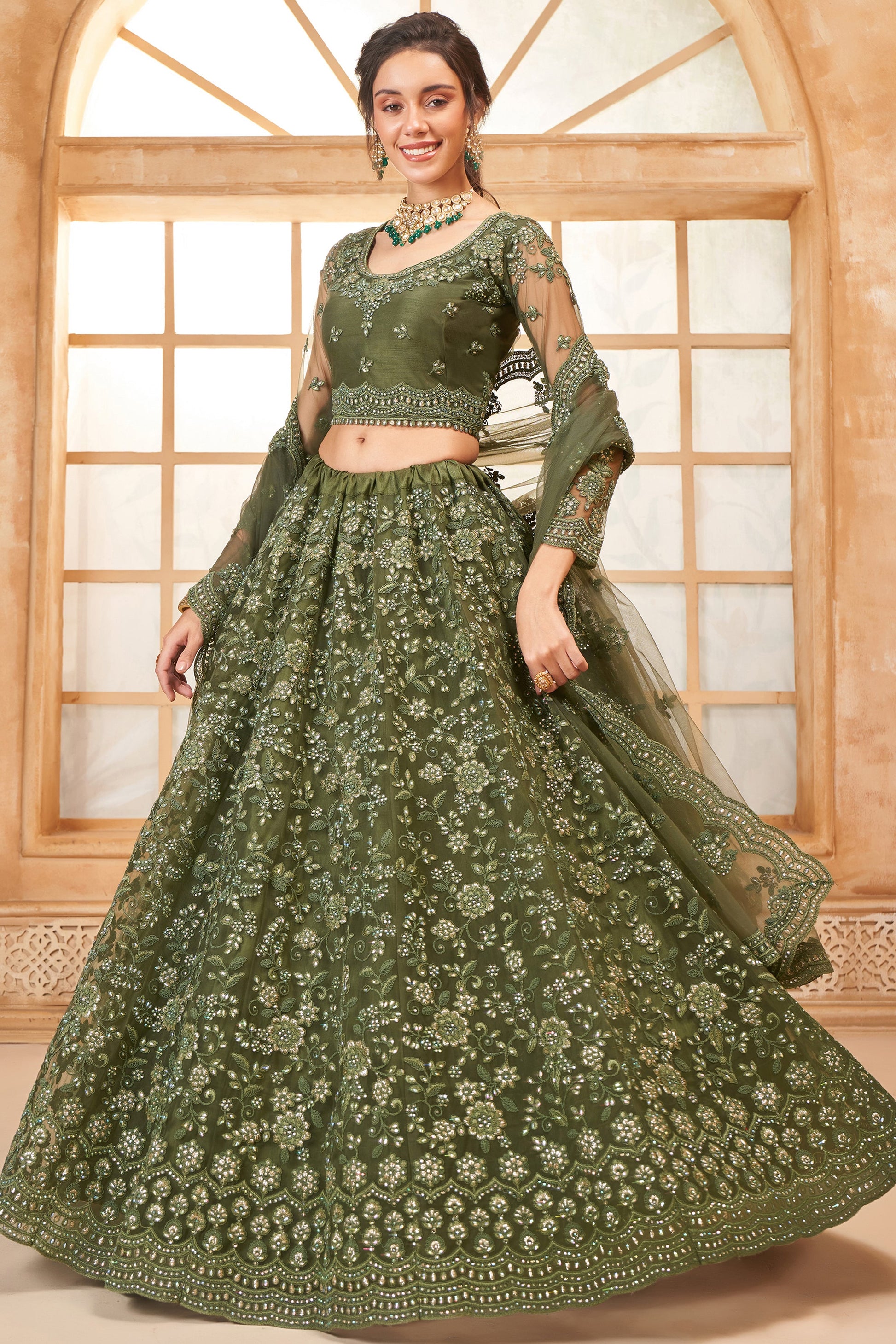 Green Semi Stitched Embroidered Net Lehenga-LC43_4_SareeButa.com