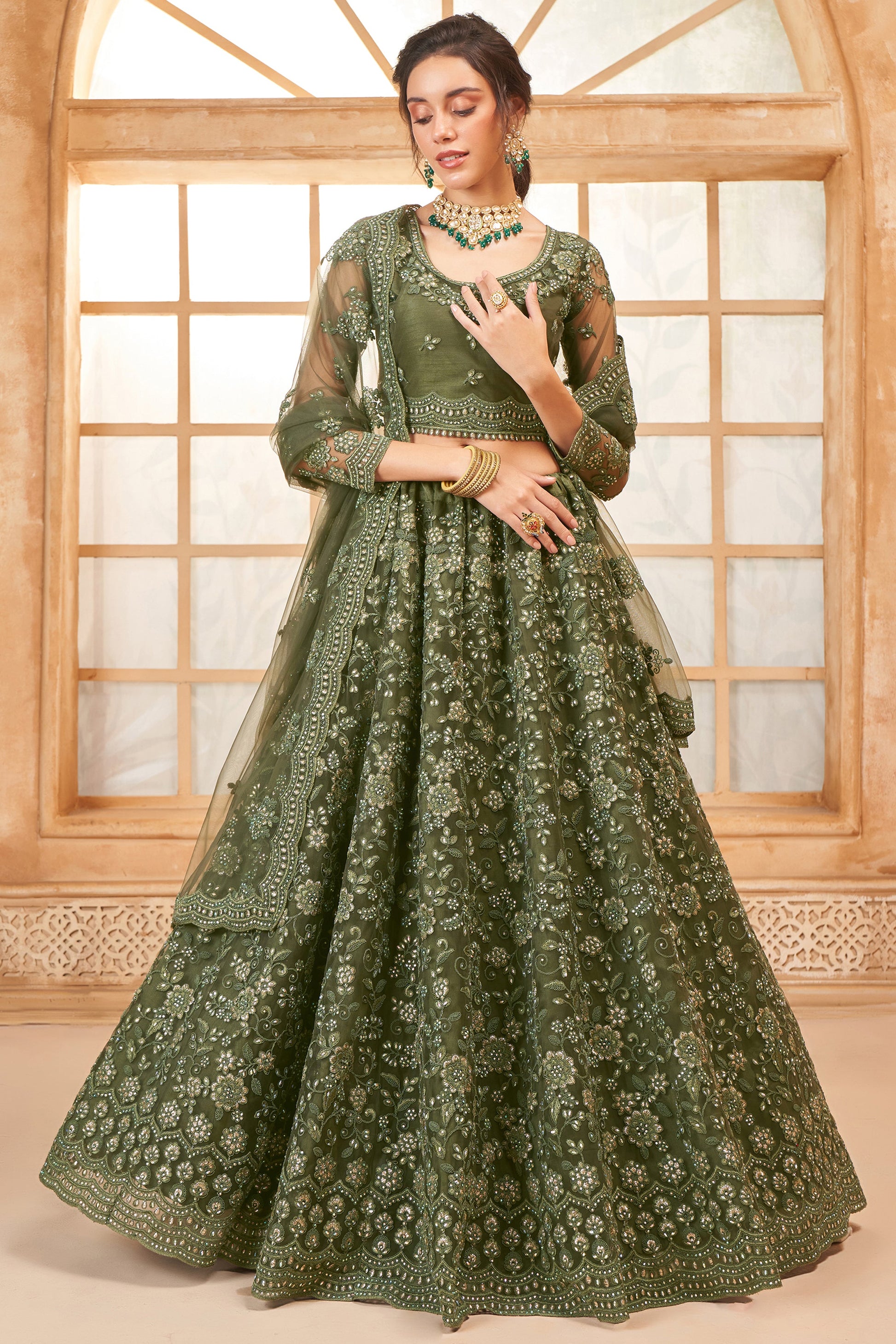 Green Semi Stitched Embroidered Net Lehenga-LC43_5_SareeButa.com
