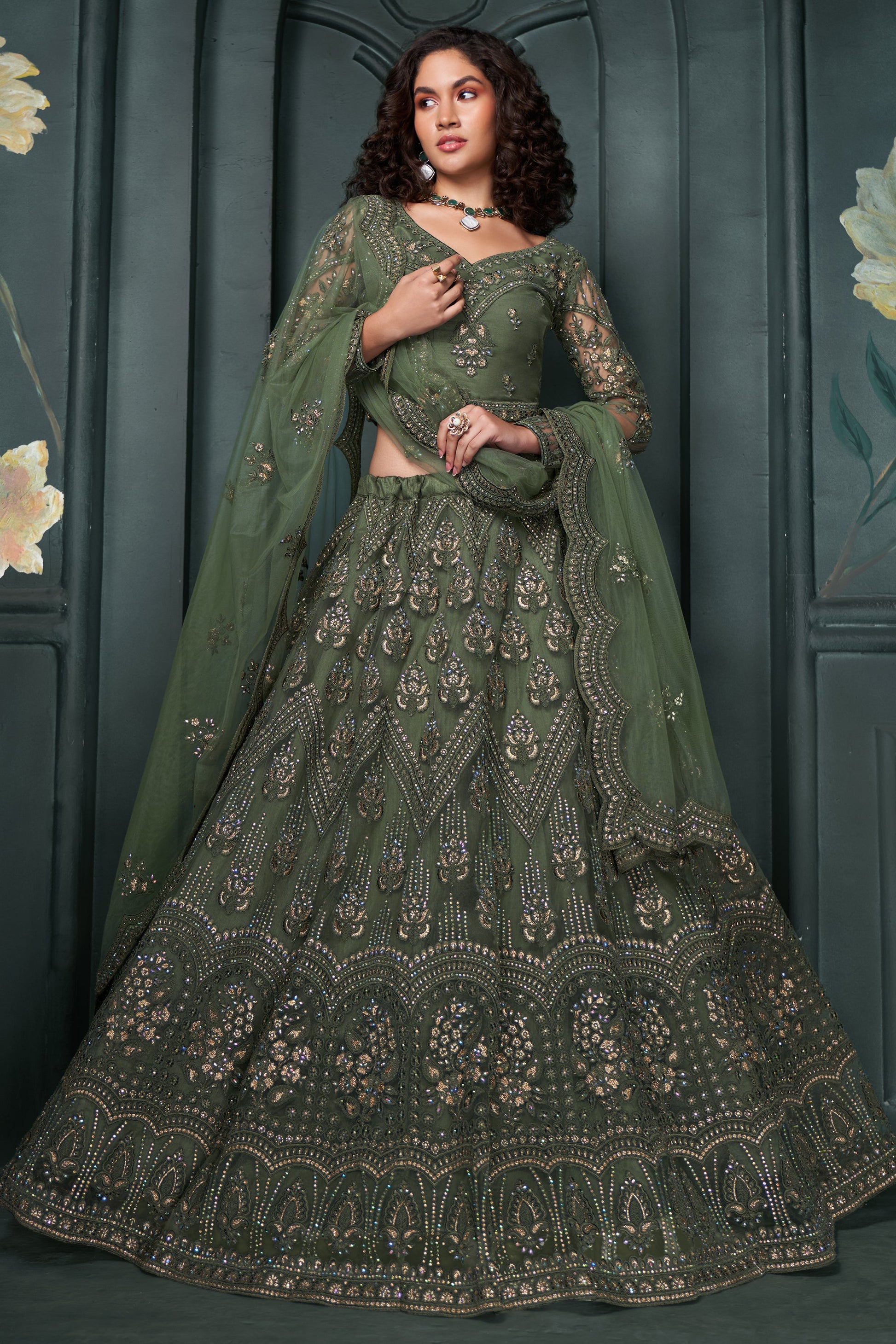 Green Semi Stitched Embroidered Net Lehenga-LC4_1_SareeButa.com