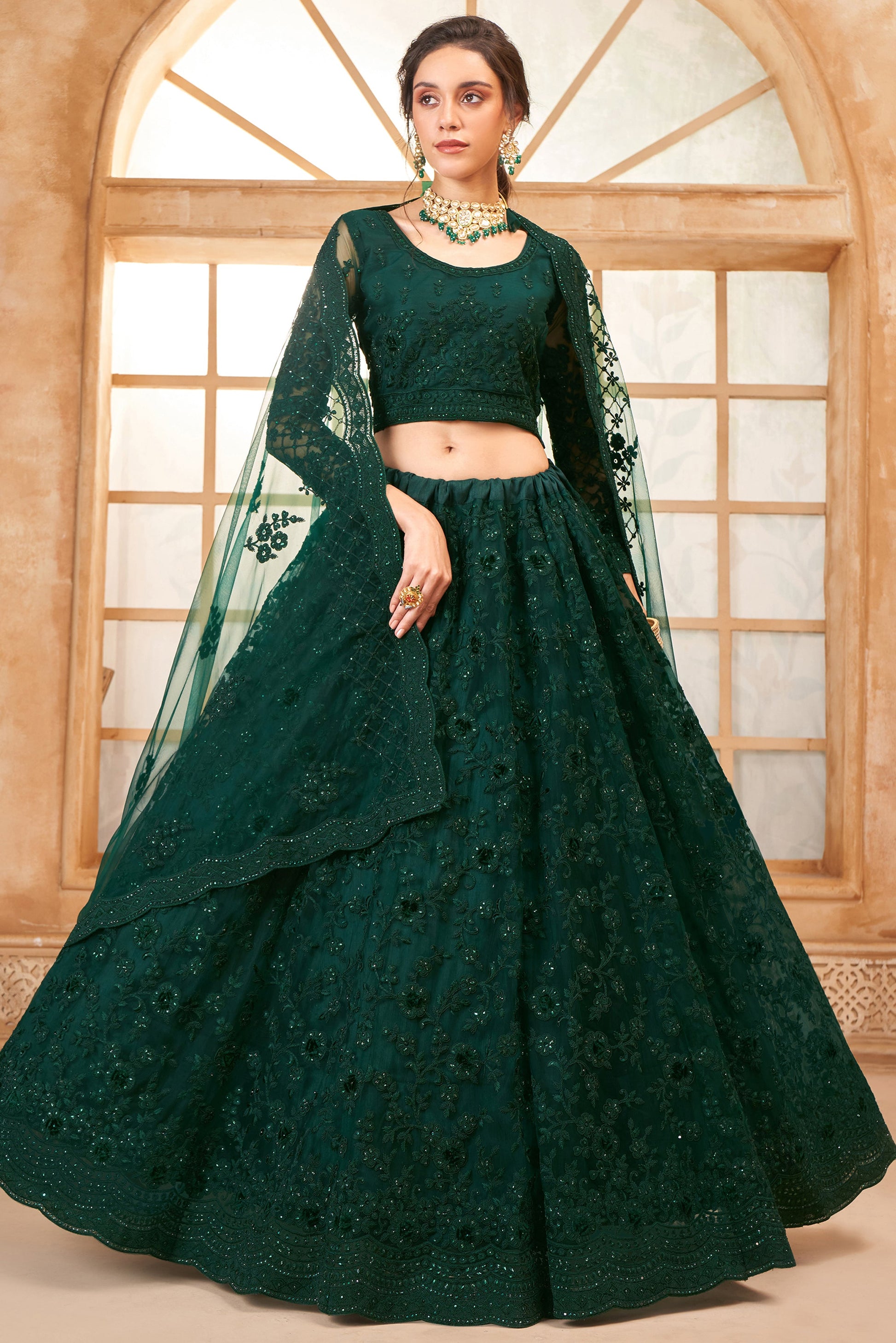 Green Semi Stitched Embroidered Net Lehenga-LC52_1_SareeButa.com
