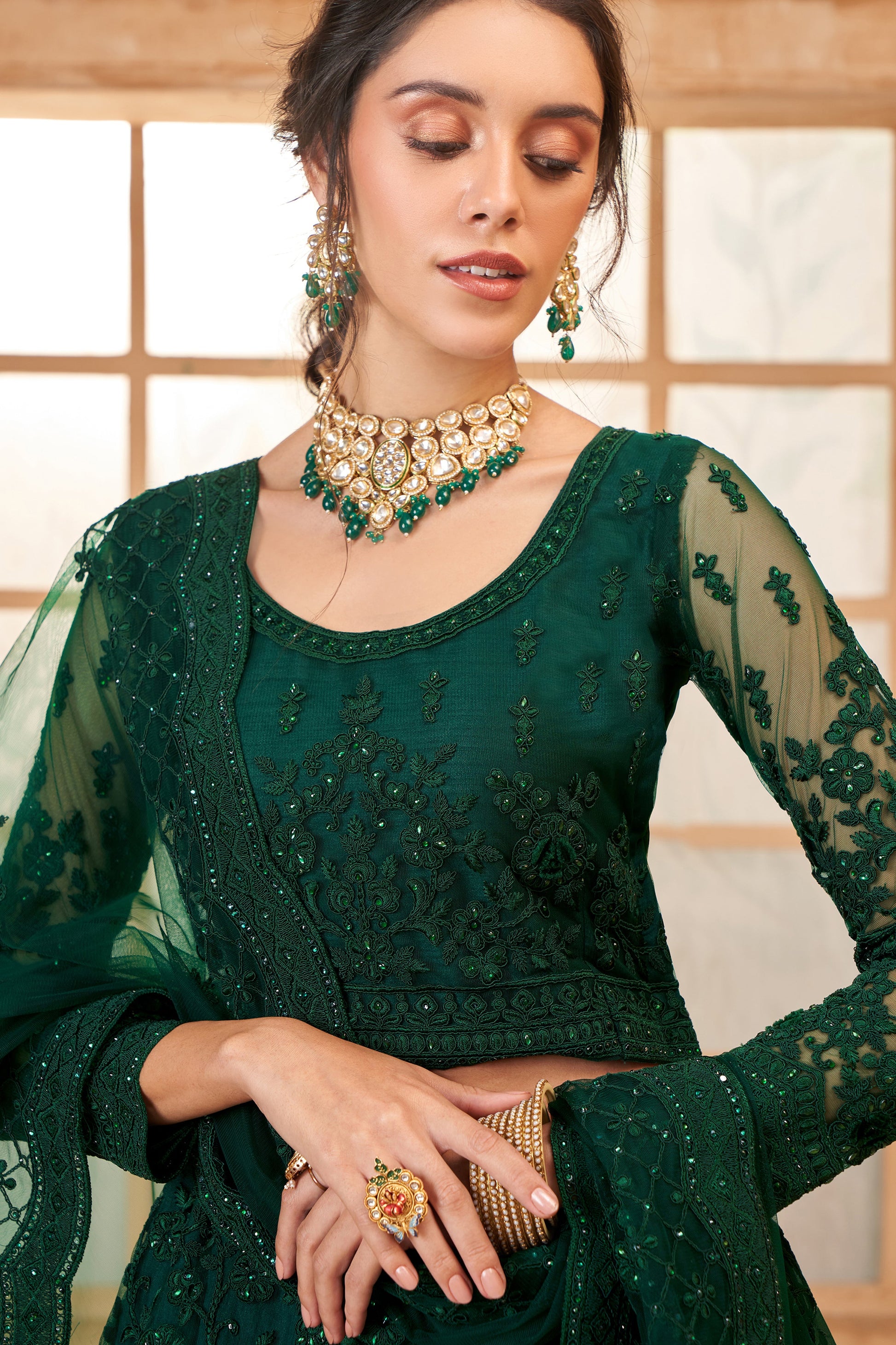 Green Semi Stitched Embroidered Net Lehenga-LC52_2_SareeButa.com