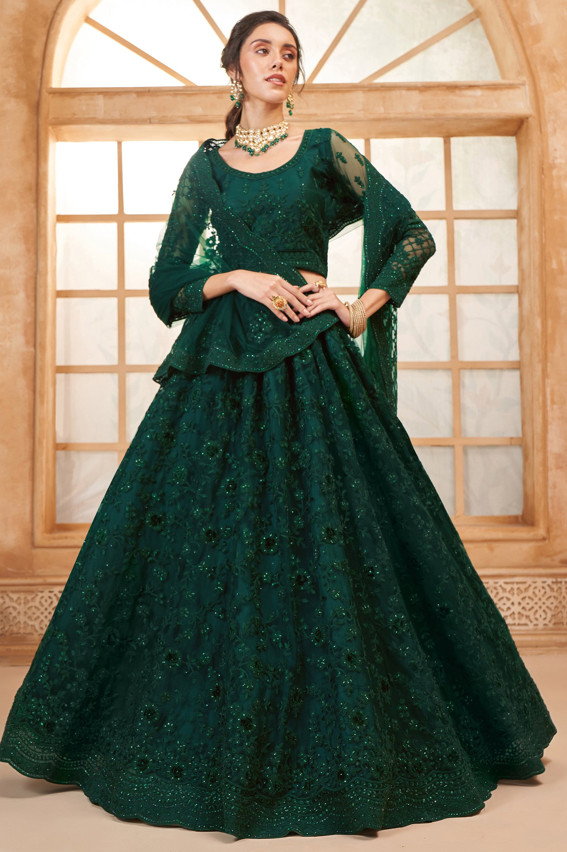 Green Semi Stitched Embroidered Net Lehenga-LC52_3_SareeButa.com