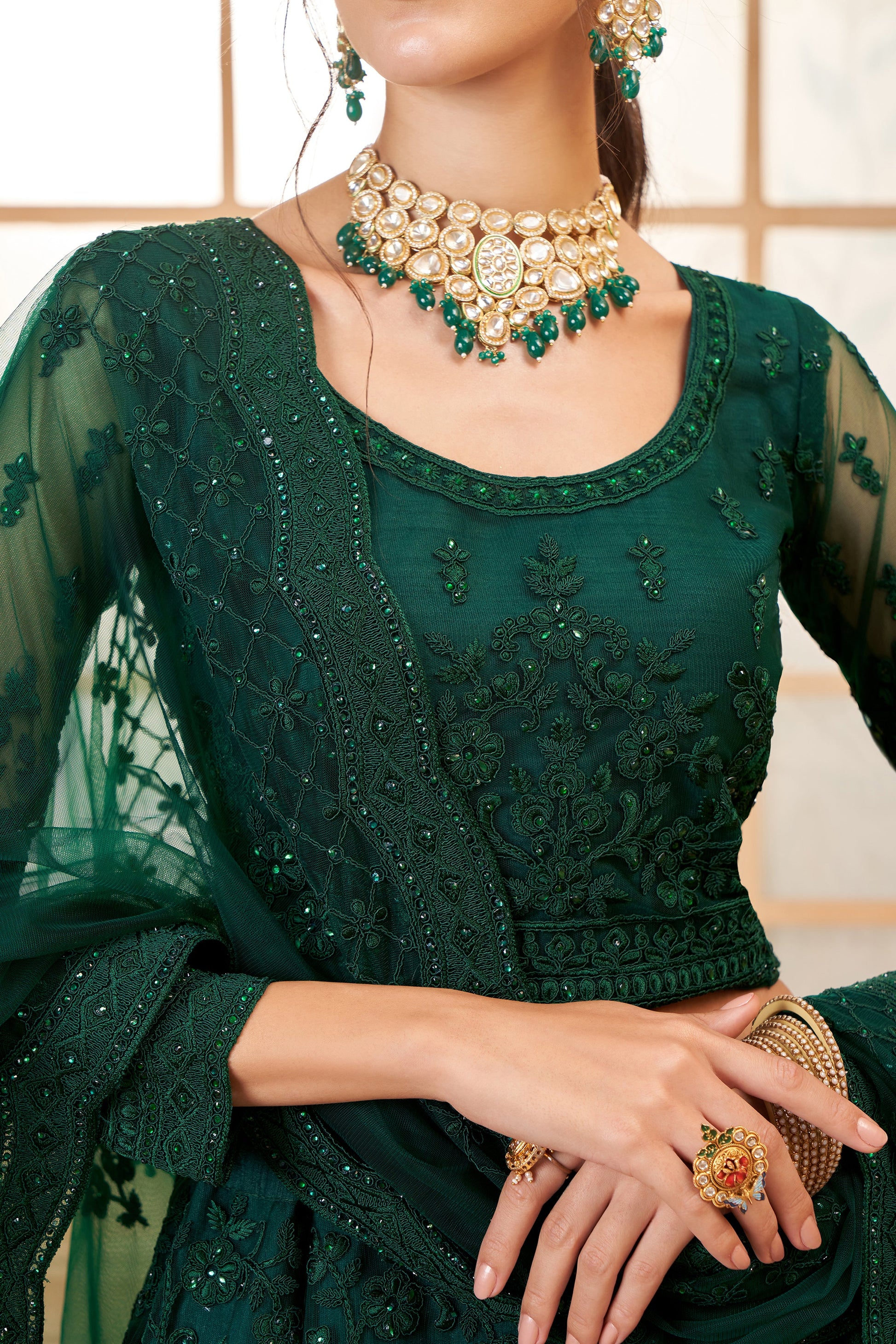 Green Semi Stitched Embroidered Net Lehenga-LC52_5_SareeButa.com