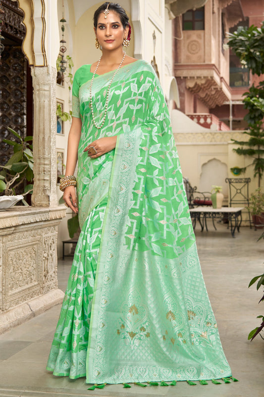 Green Woven Cotton Saree-ZB132445_1